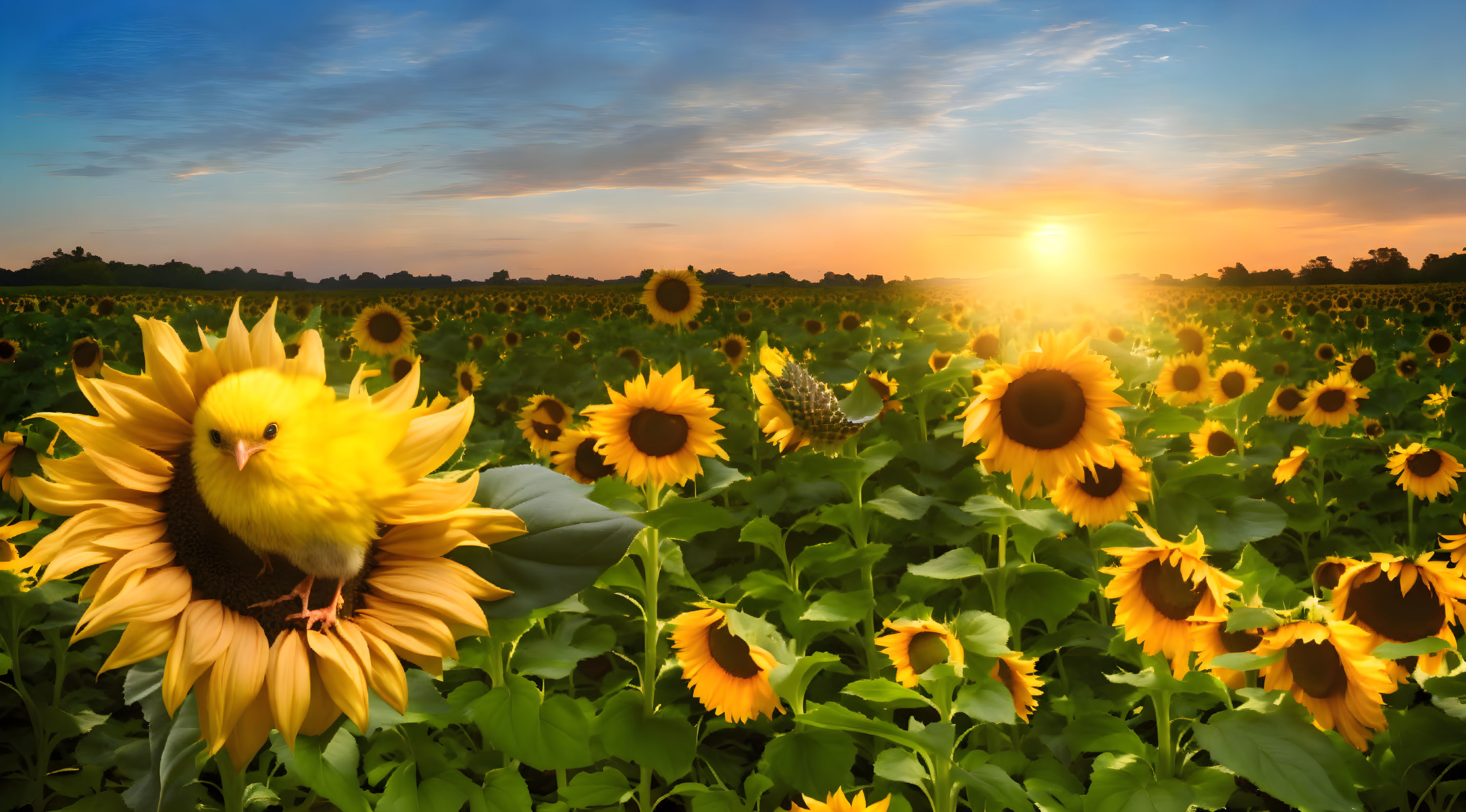 Yellow bird on sunflower in sunset field