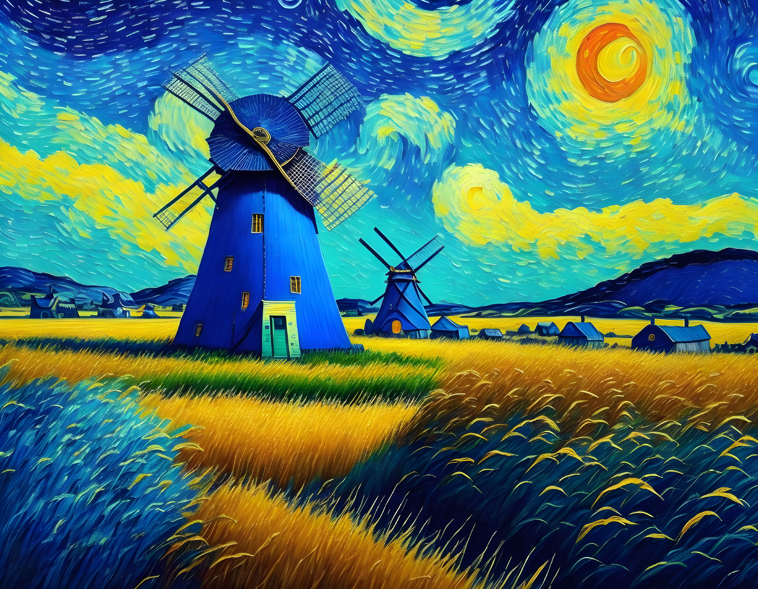 Vibrant painting: Blue windmills, yellow skies, golden wheat fields