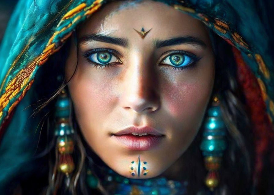 Detailed portrait of a person with intense blue eyes and colorful headscarf.