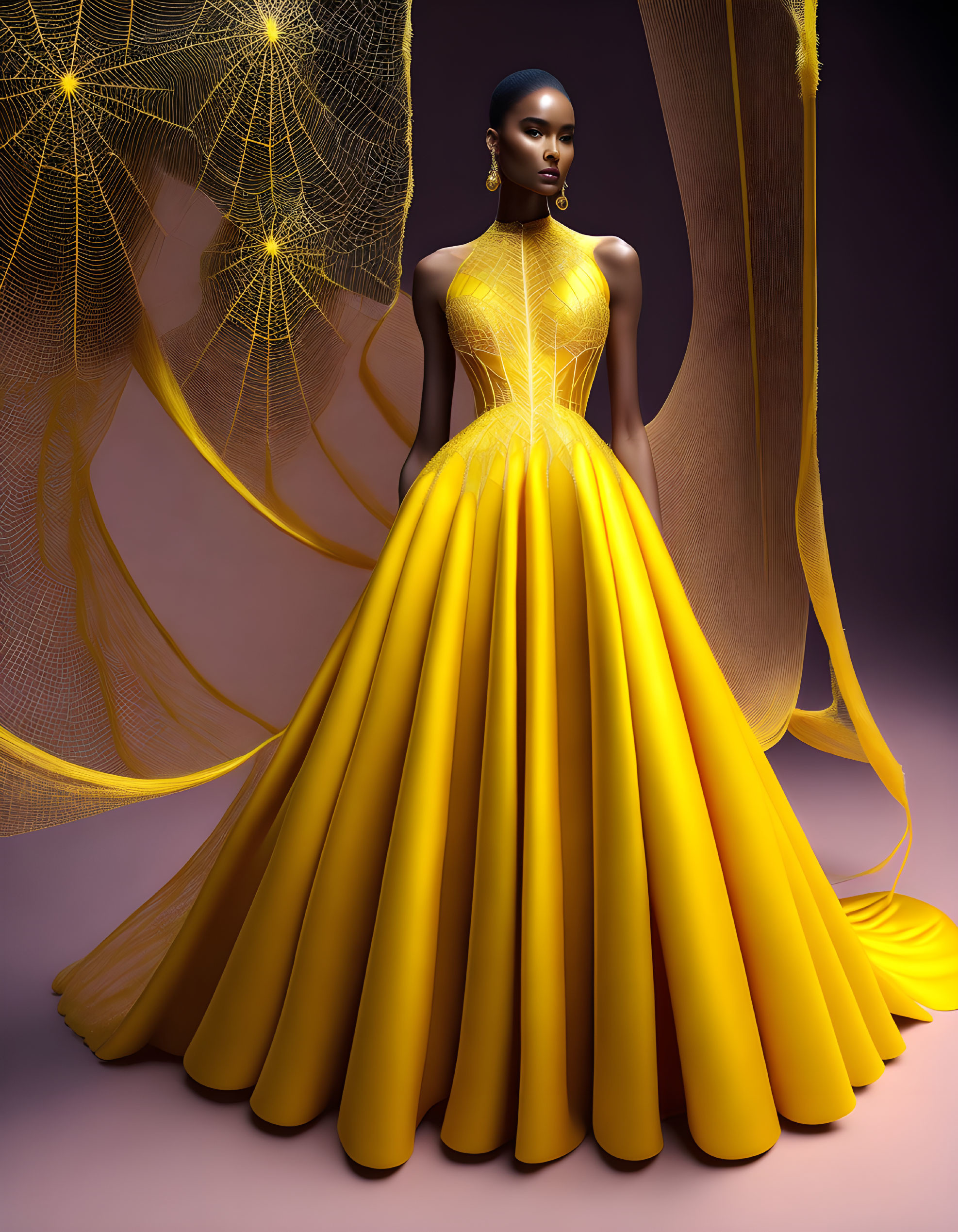 Voluminous yellow gown on woman against purple background