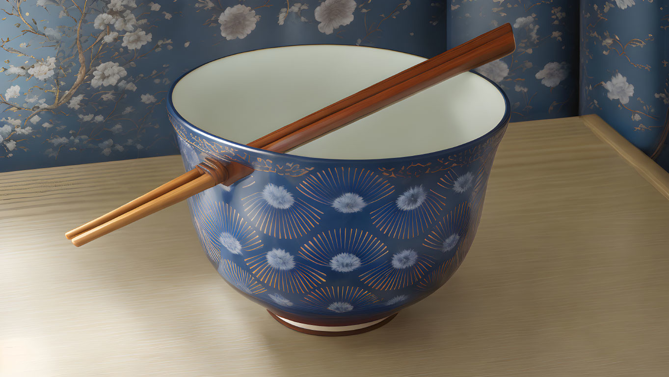 Blue and White Asian Rice Bowl with Brown Chopsticks on Floral Wallpaper