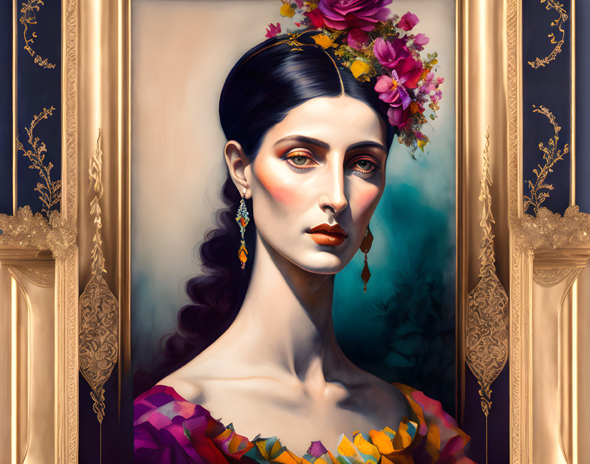 Portrait of woman with dark hair, floral headpiece, golden earrings, and ruffled collar in decorative