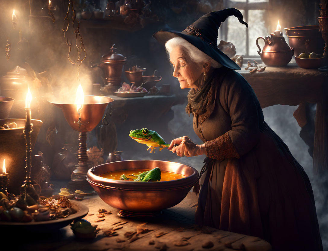 Elderly woman in witch costume stirring potion with frog and candles