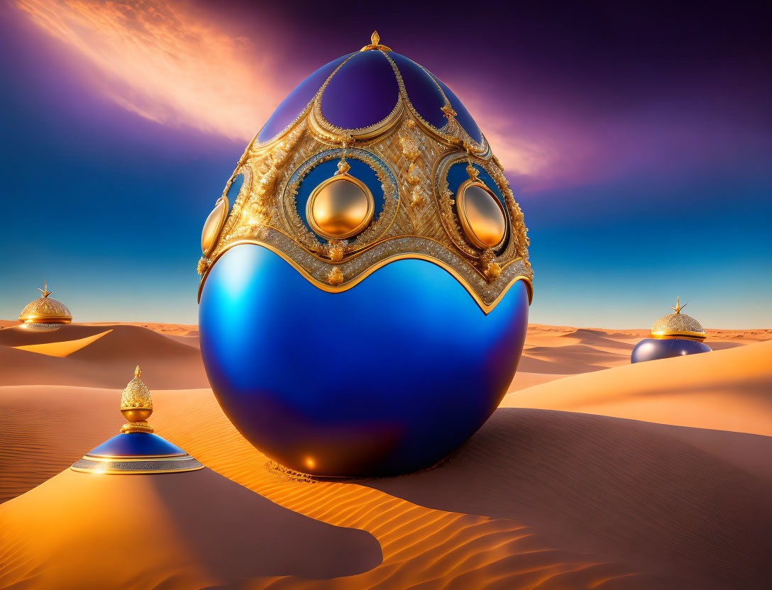 Surreal image of blue and gold eggs on sand dunes