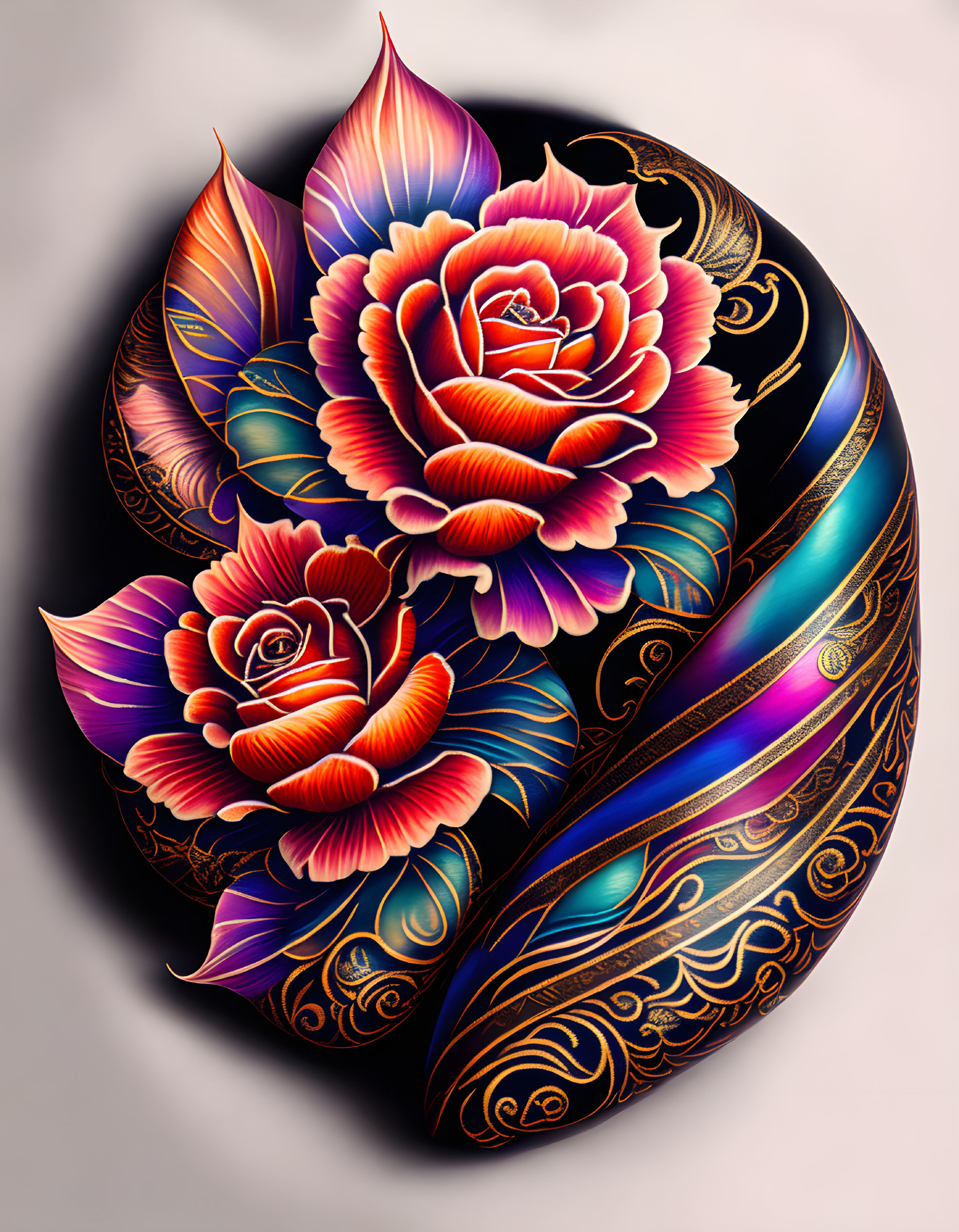 Stylized digital illustration: ornate sphere with pink and purple roses and golden patterns.