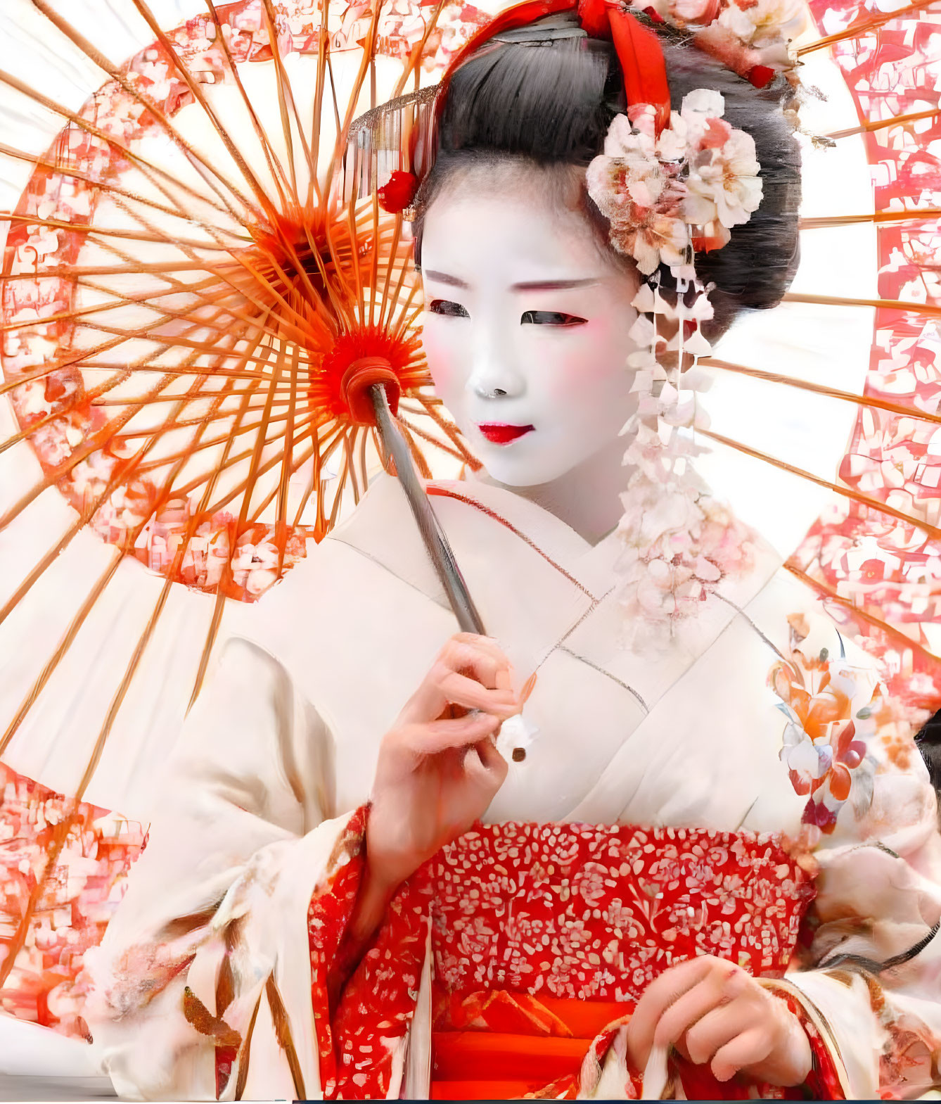 Traditional Japanese Geisha in White Makeup and Red Lips with Red Umbrella