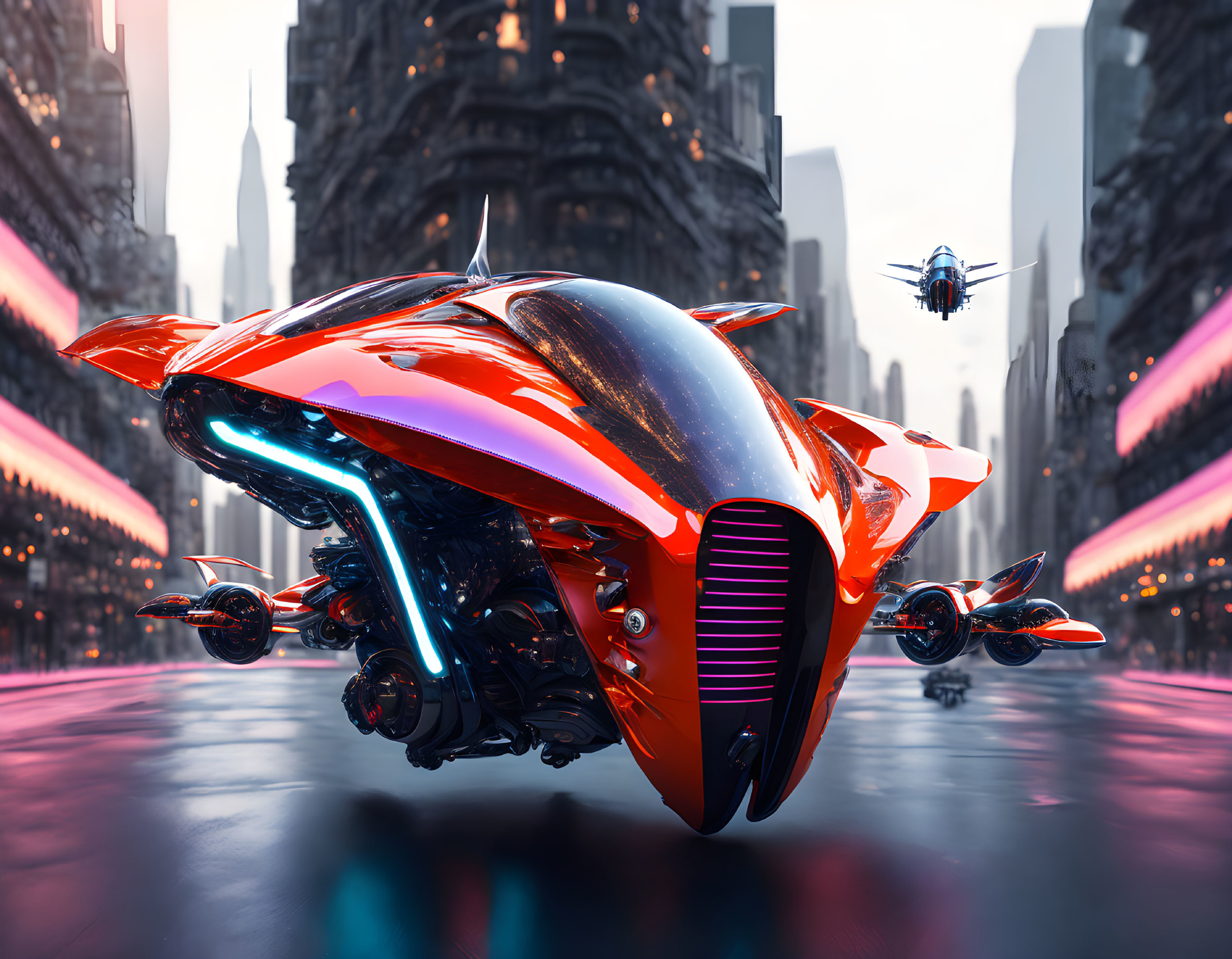 Red and White Futuristic Hovering Motorcycle with Drones and Sci-Fi Cityscape