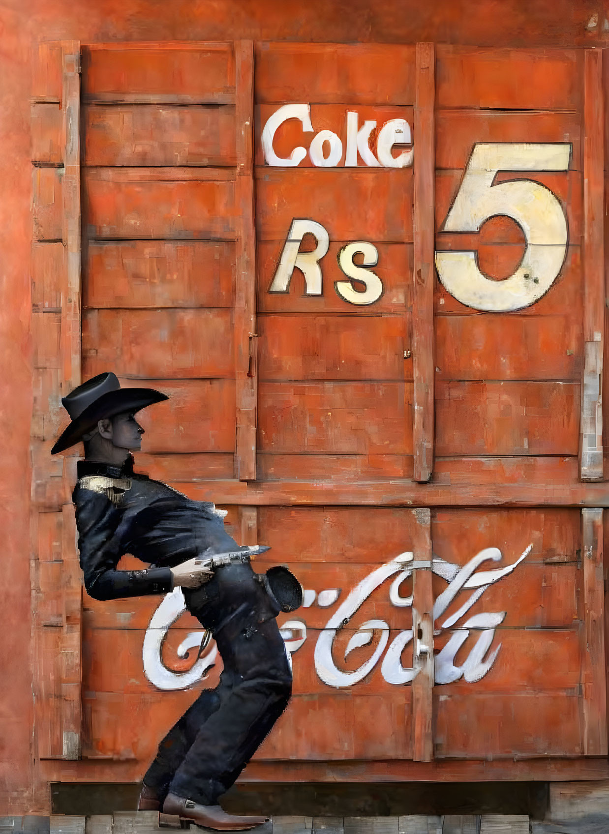 Street art: man in hat leaning on vintage Coca-Cola ad with shuttered windows and Rs 5