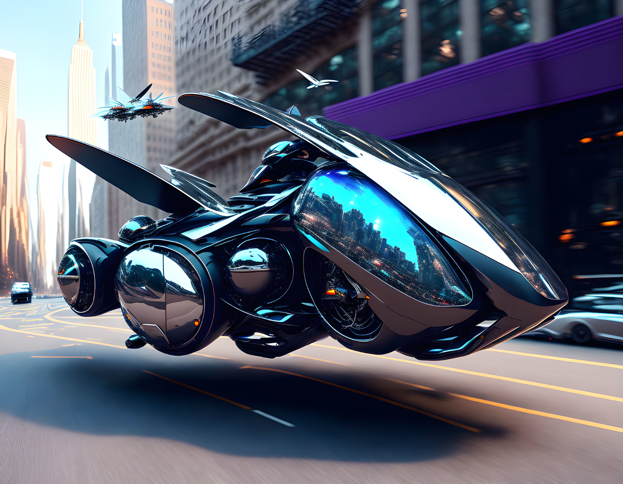 Sleek metallic flying car over city street with skyscrapers