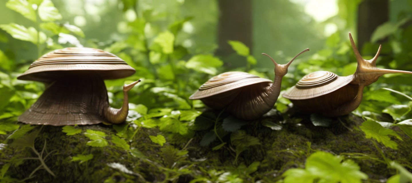 Three snails in lush forest setting under soft sunlight