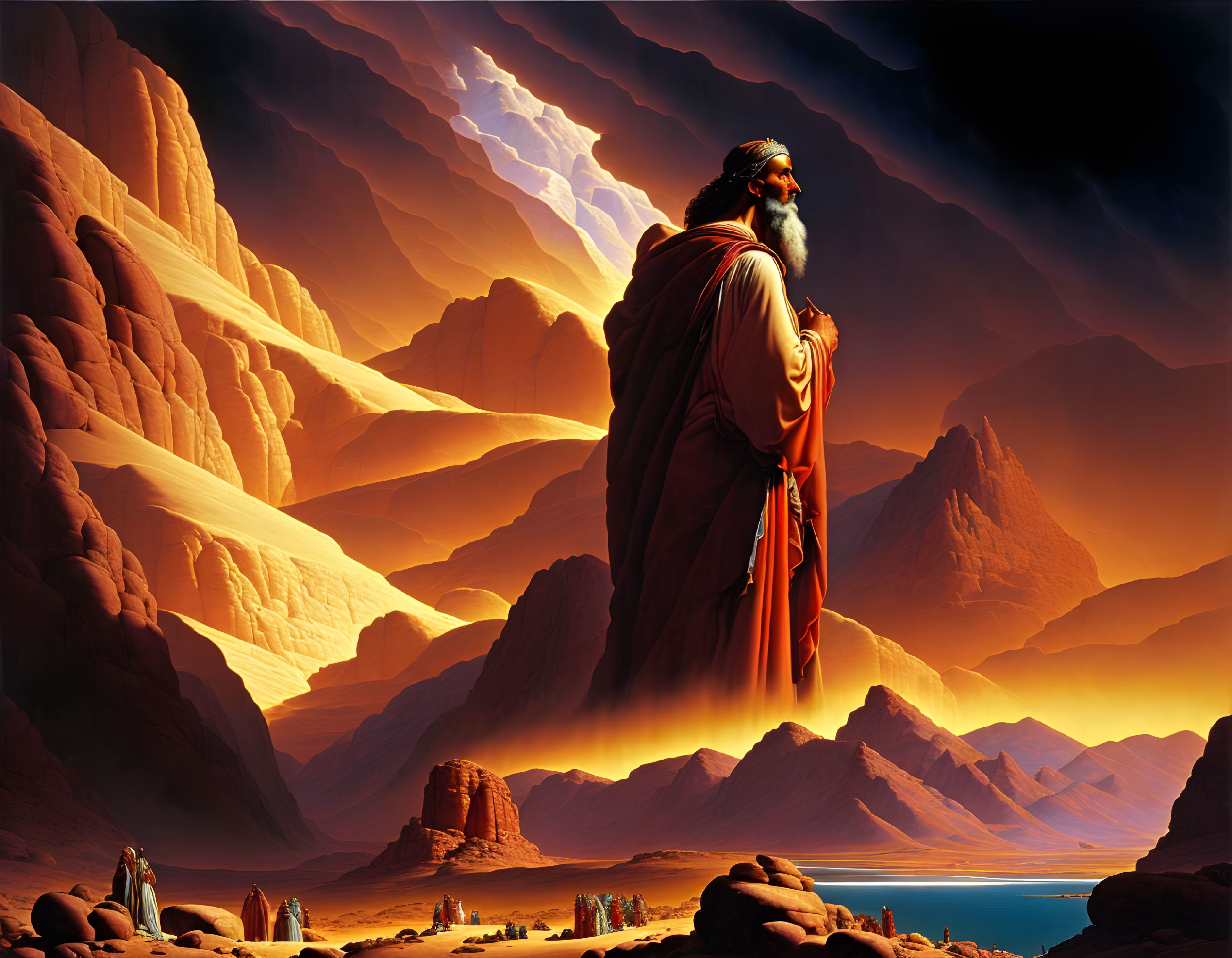 Bearded man in robes gazes over desert valley at sunset