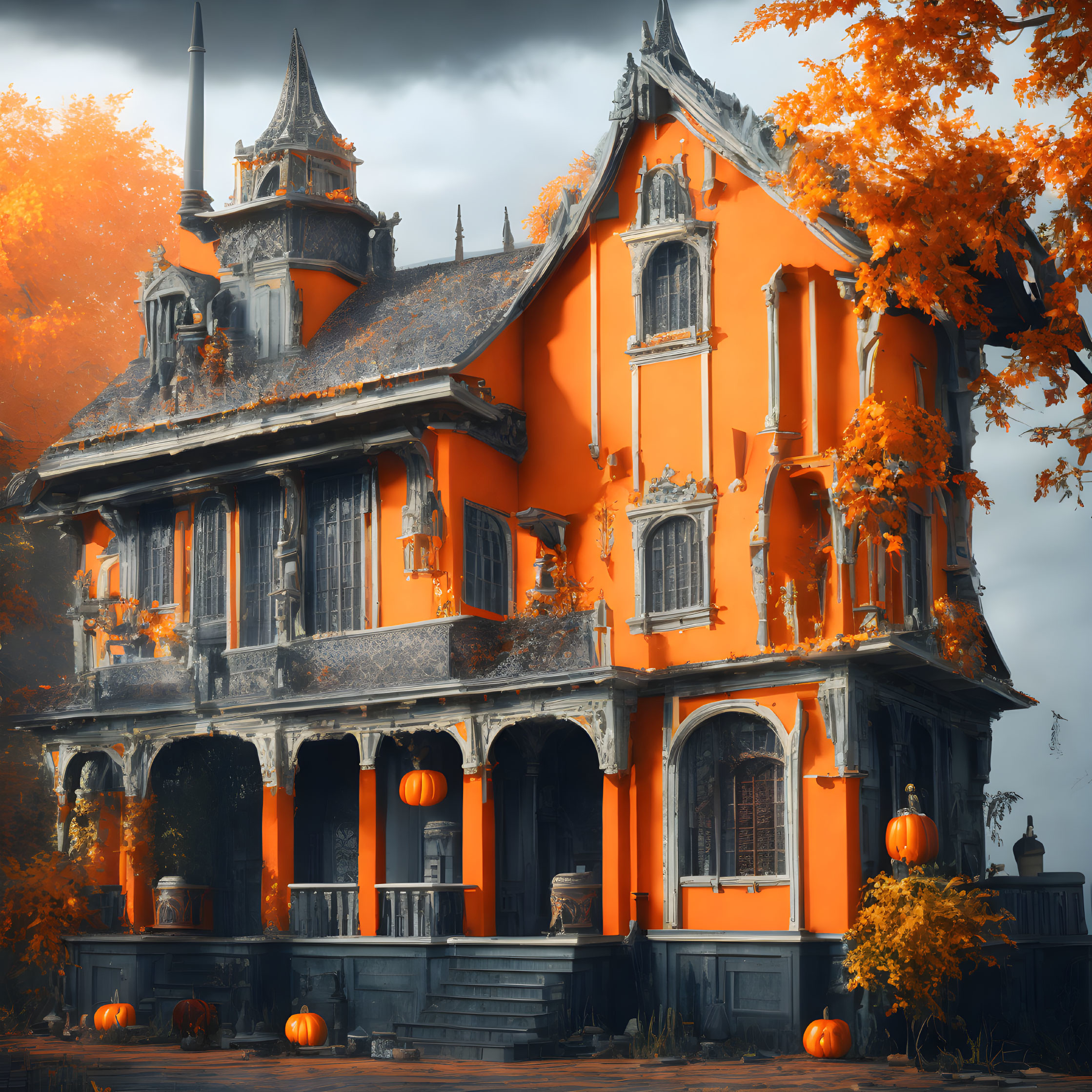 Victorian House with Gothic Features in Autumn Setting with Pumpkins