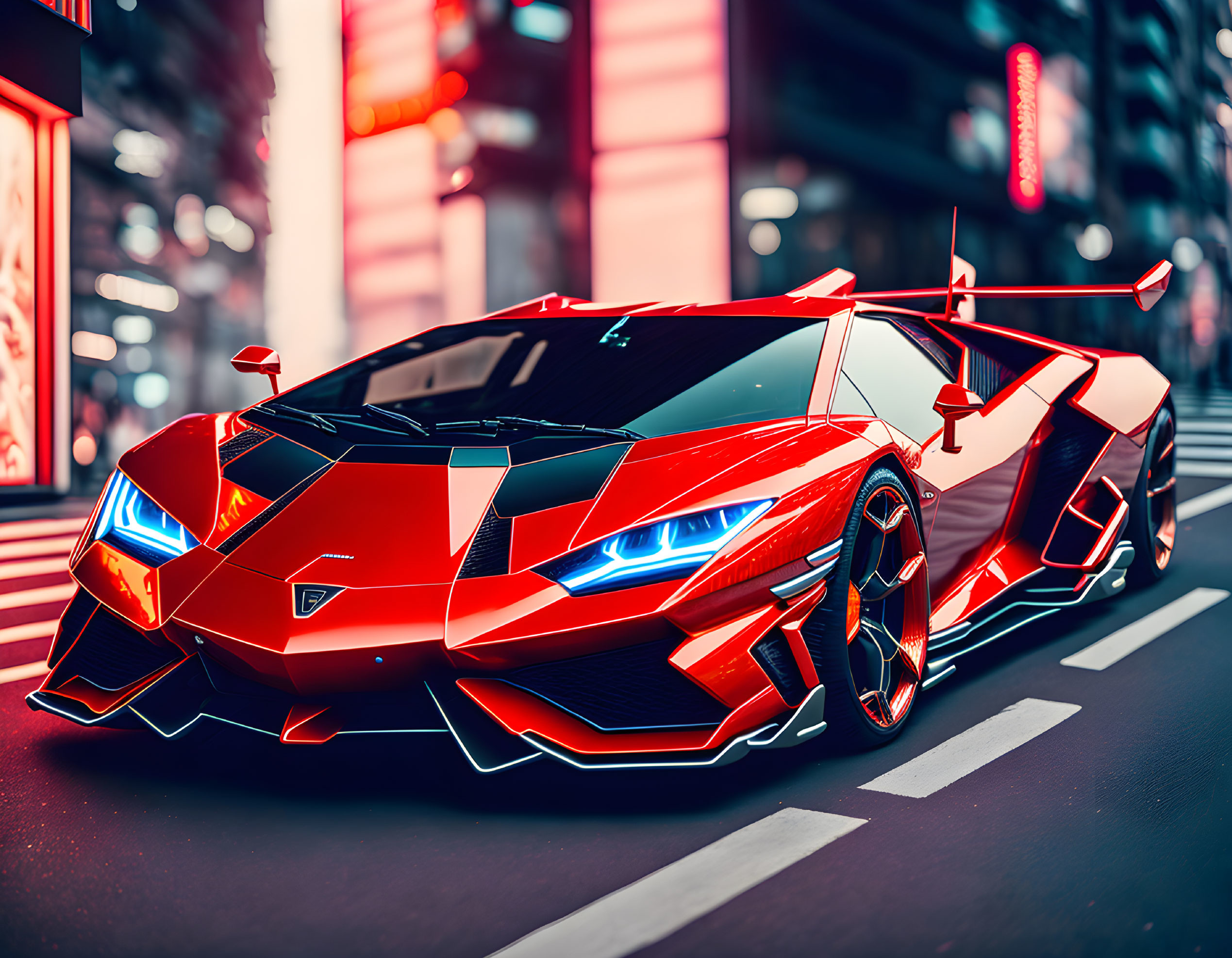 Red Futuristic Lamborghini Parked on Vibrant City Street at Night