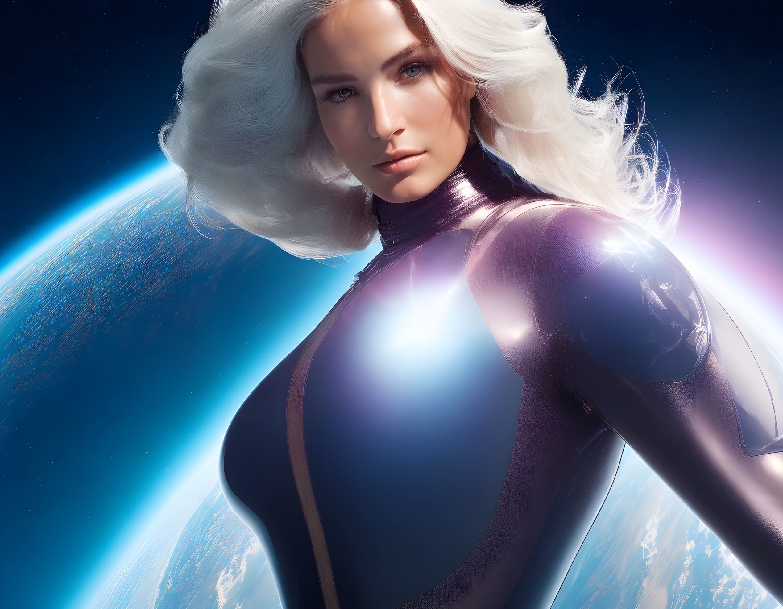 Digital artwork: Woman with white hair in futuristic suit against cosmic backdrop with planet curve.