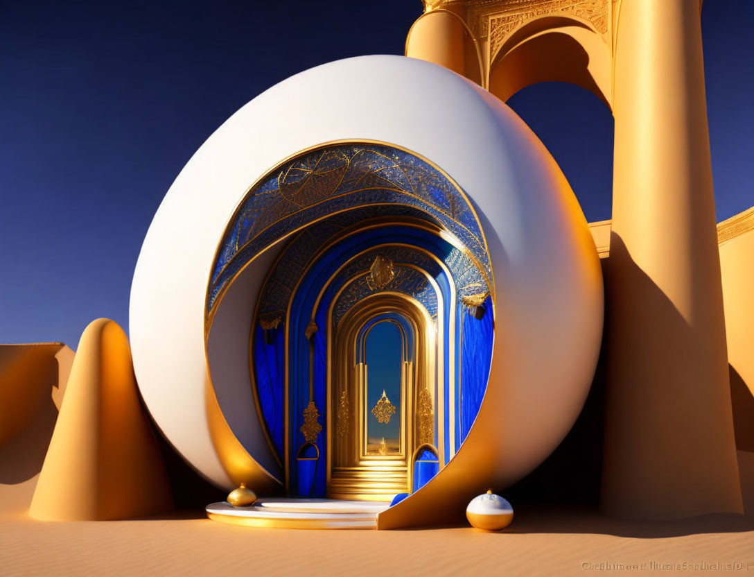 White spherical structure with golden-blue archways in desert landscape