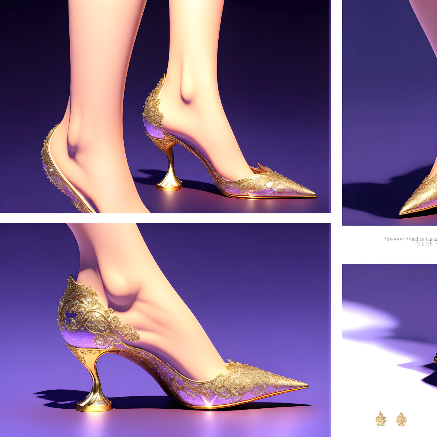 Golden High Heels with Intricate Embellishments on Purple Background