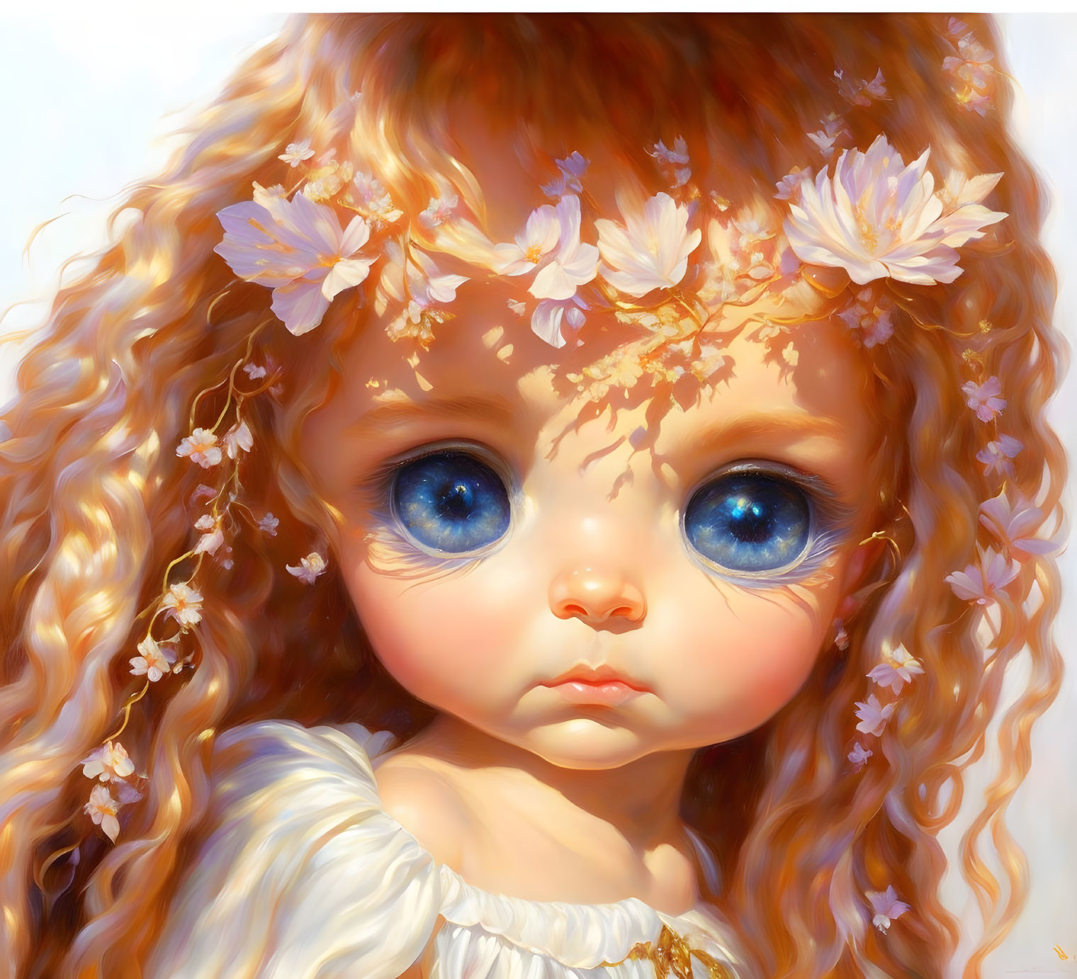 Illustration of young girl with expressive blue eyes and curly hair adorned with pink flowers.