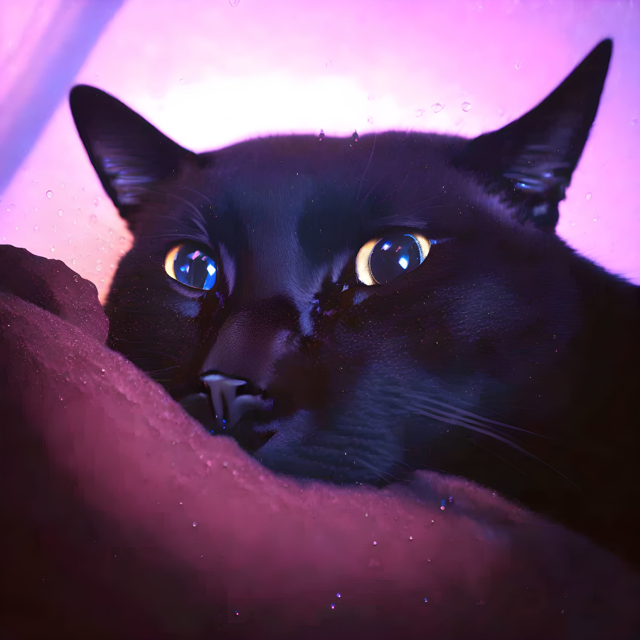 Black Cat with Wide Eyes on Purple Background: Close-Up Shot