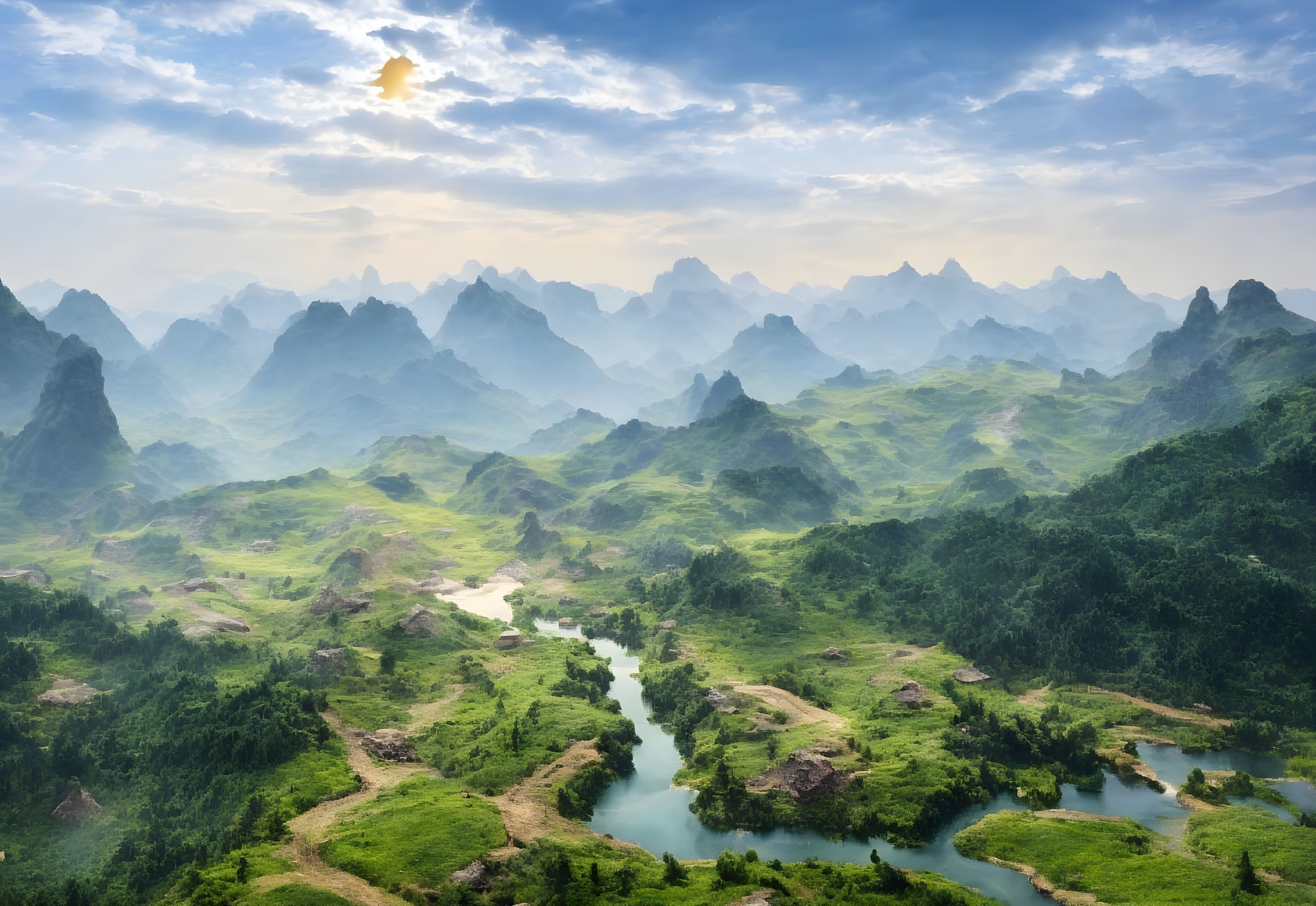 Tranquil landscape: winding river, green hills, mountains, hazy sky, visible sun