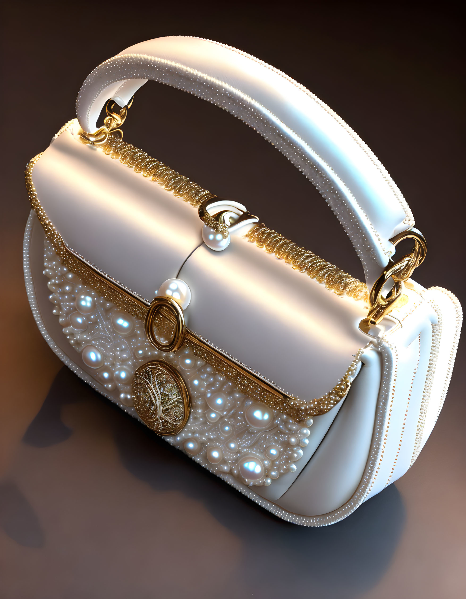 White Handbag with Gold Accents and Pearl Embellishments