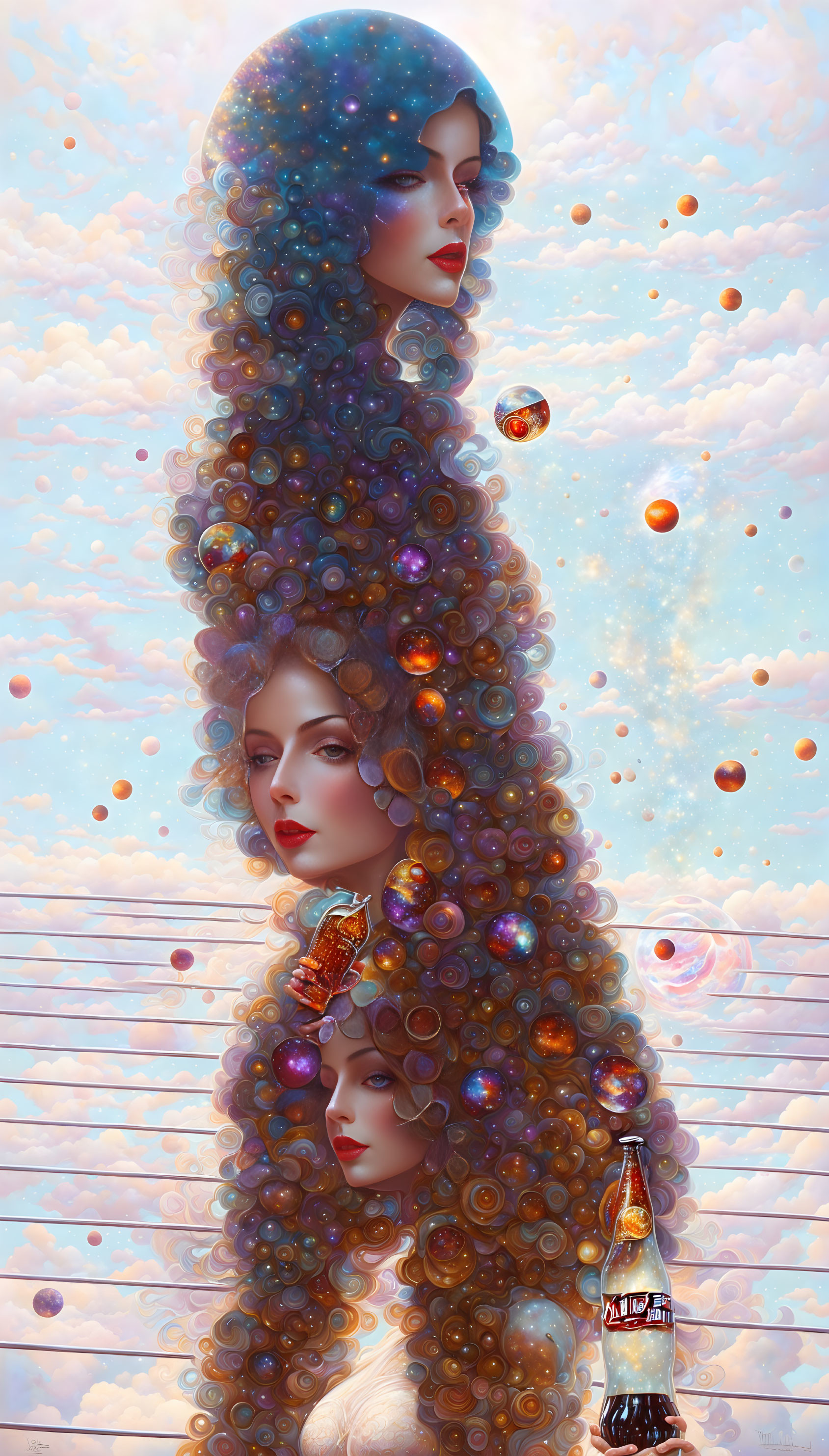 Stylized women with star-filled hair in cloudy sky scene