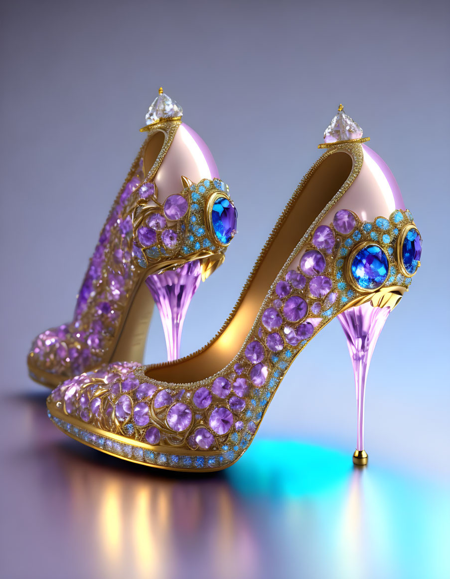 Opulent fantasy high-heeled shoes with purple gems and gold detailing