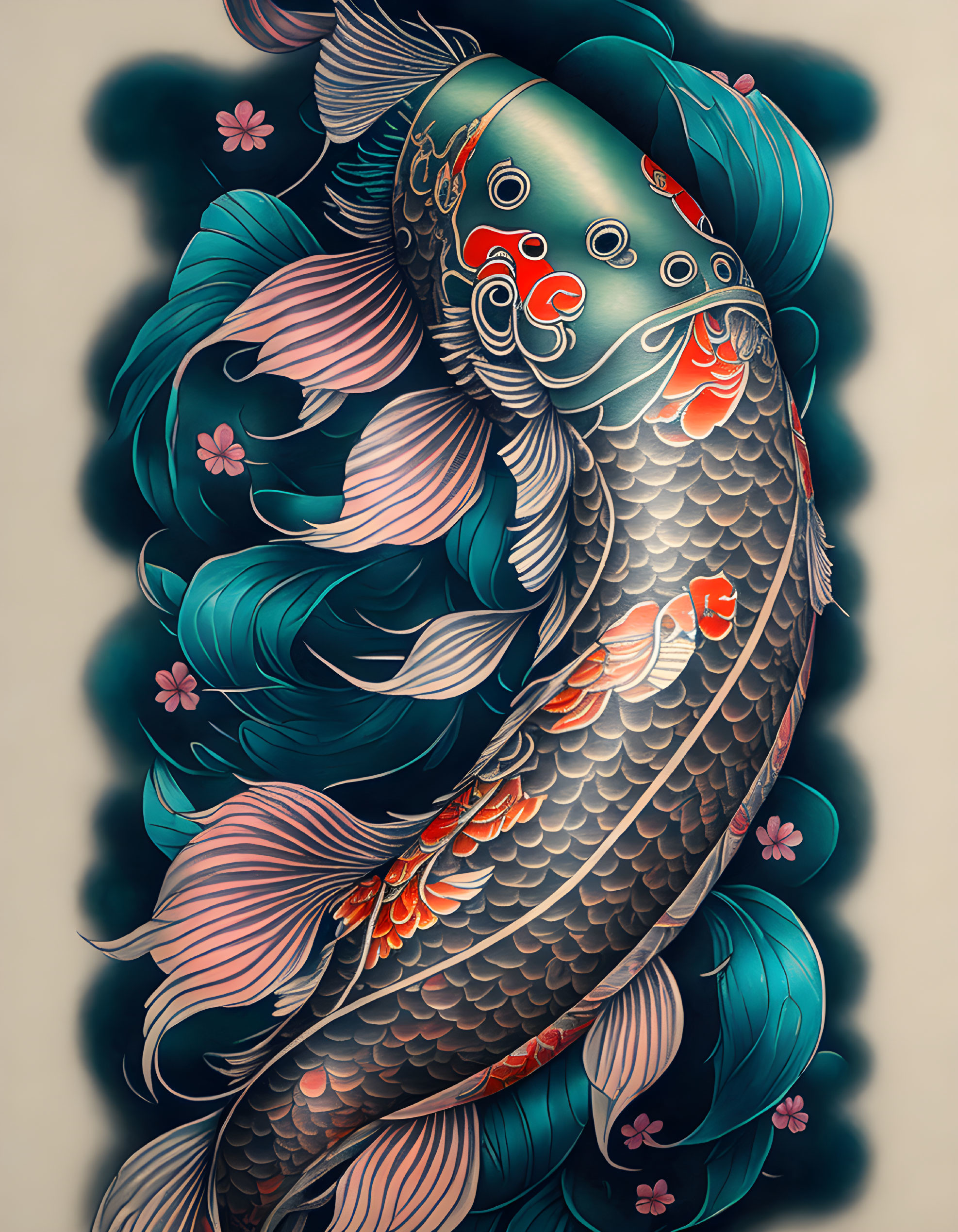 Colorful Traditional Koi Fish Illustration with Waves and Flowers