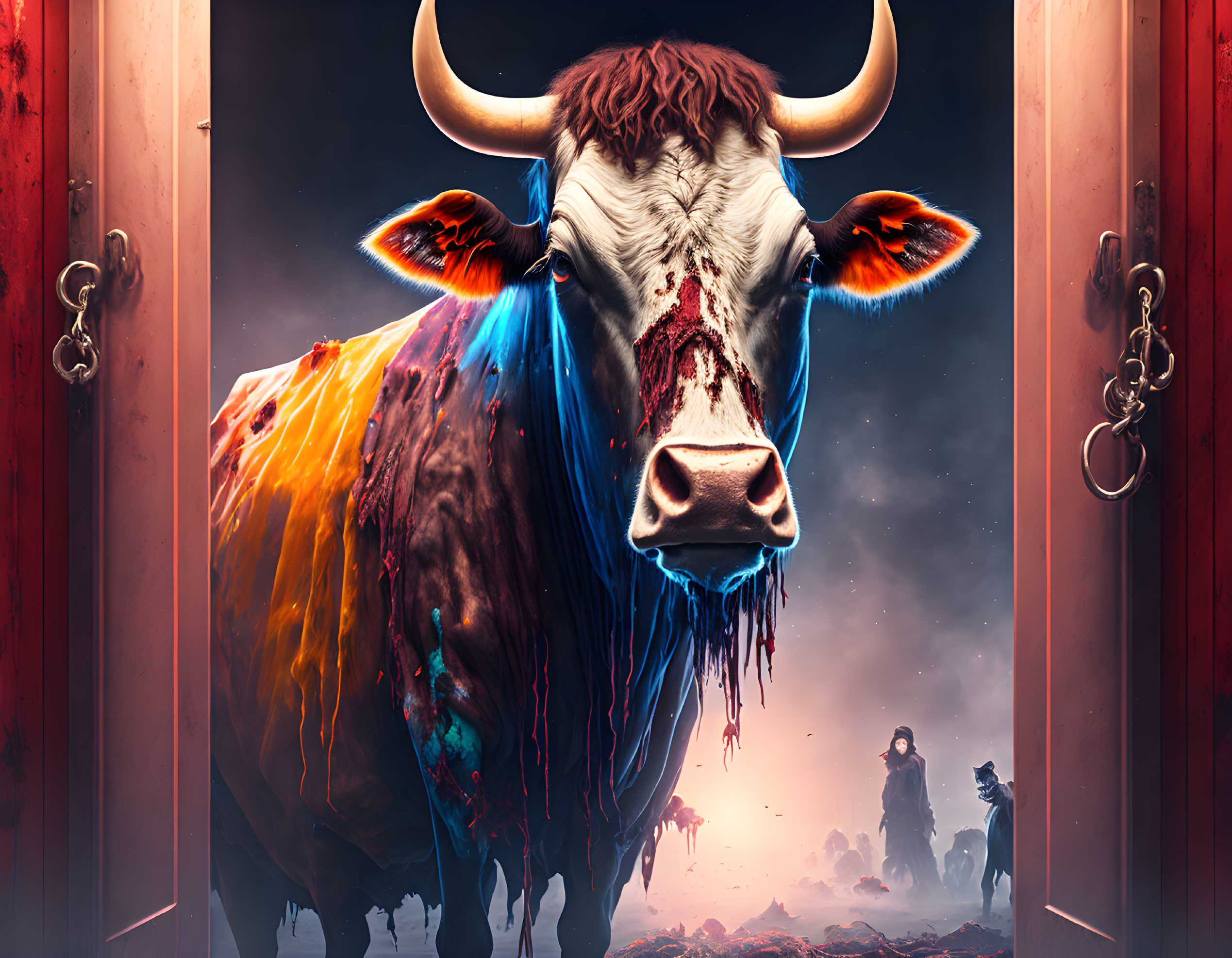 Colorful bull emerges from open door in cosmic scene with cowboy on horse.