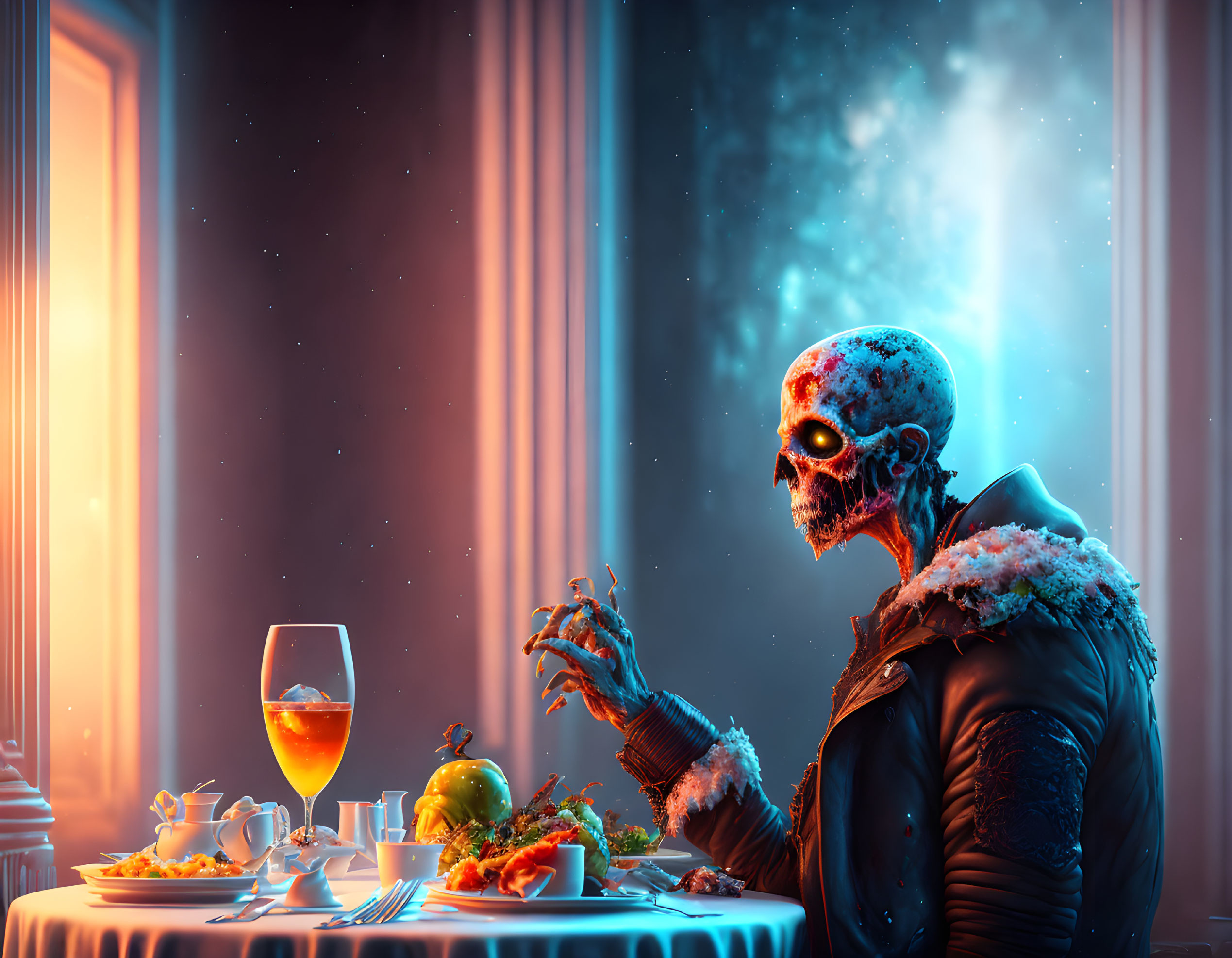 Skeleton in dark jacket gazes at starry nebula from window table.