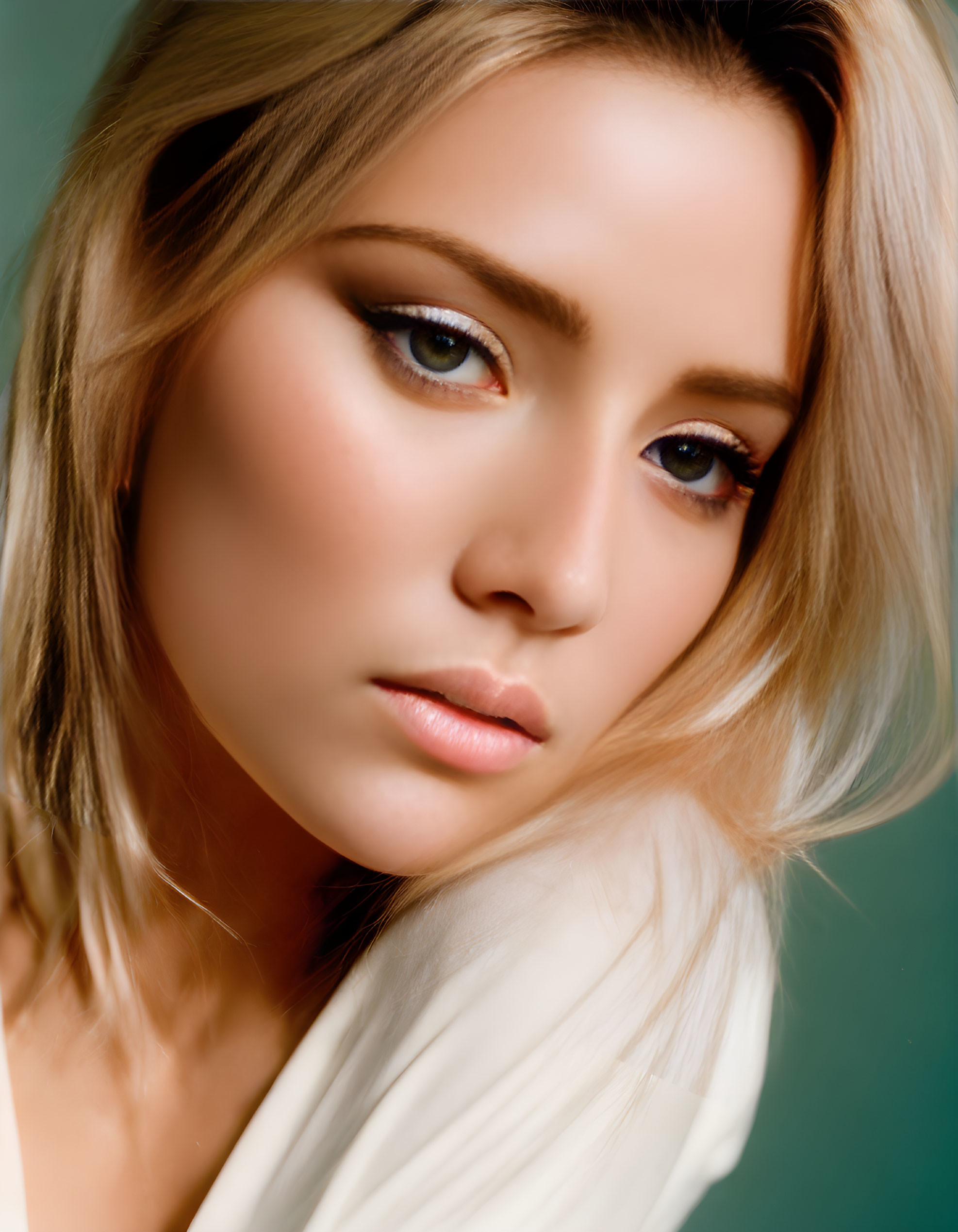 Blonde woman with striking eyes and subtle makeup on green background