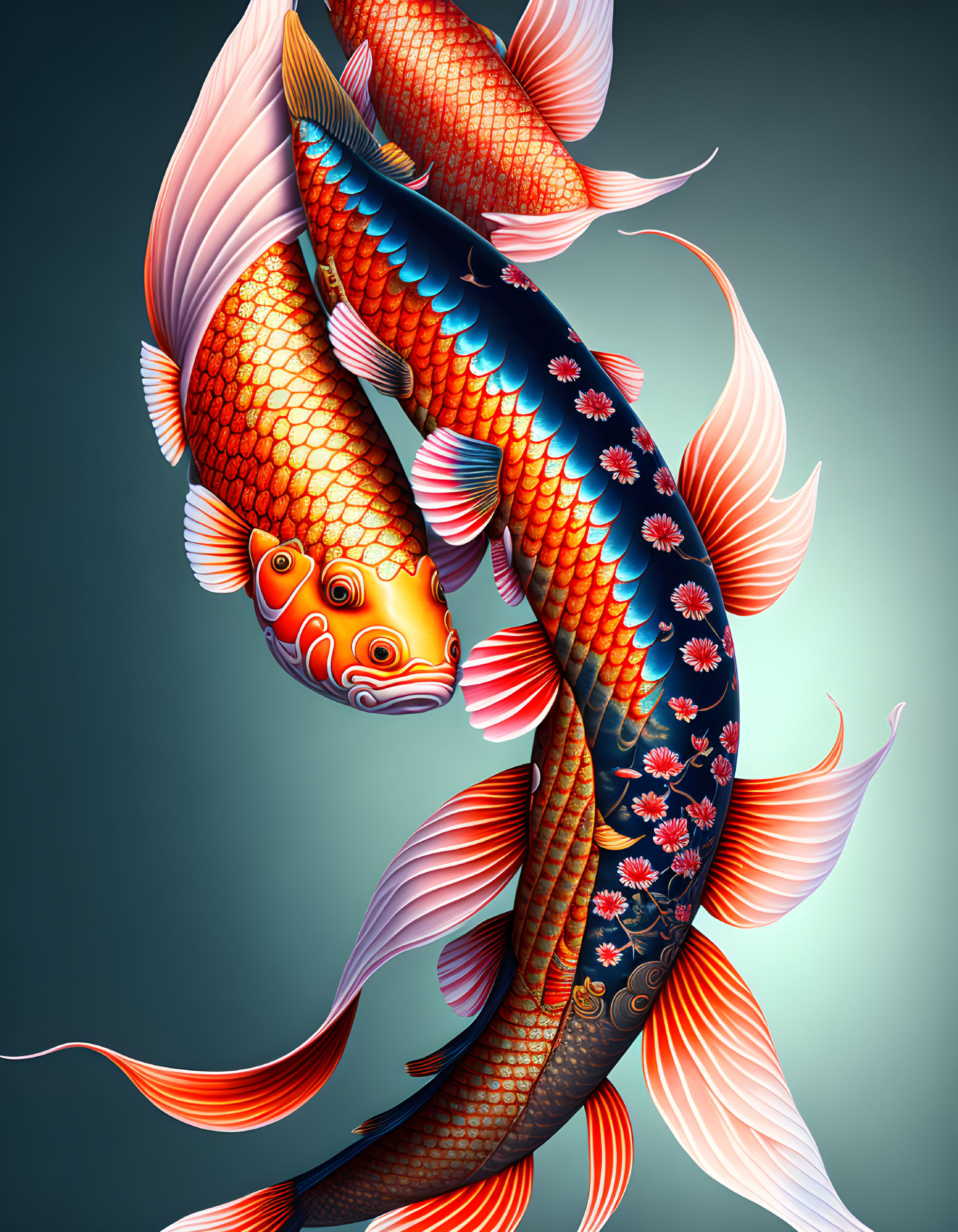 Colorful ornamental koi fish in swirling motion on teal background