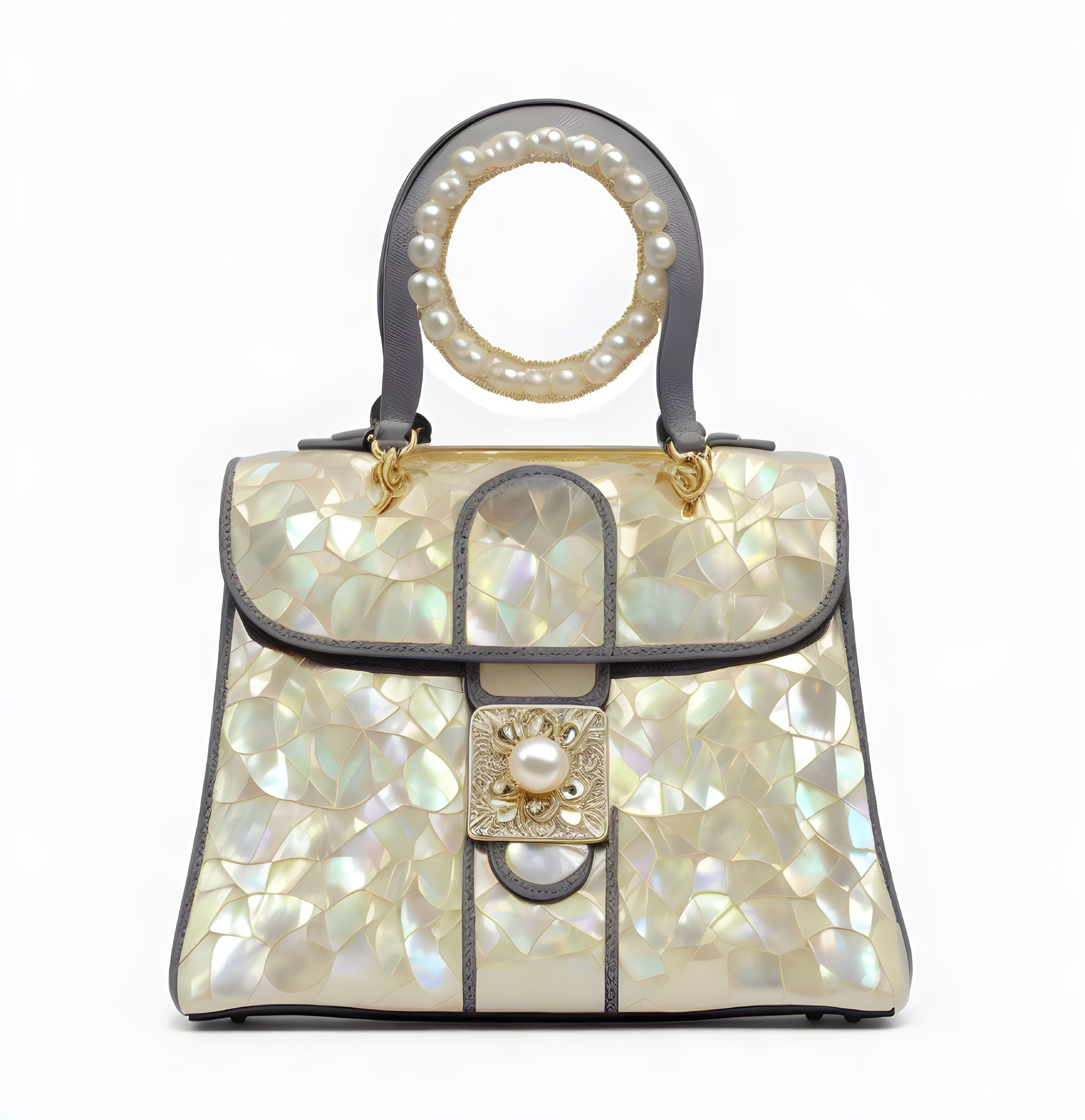 Pearl Iridescent Handbag with Gold Accents and Lion Head Emblem