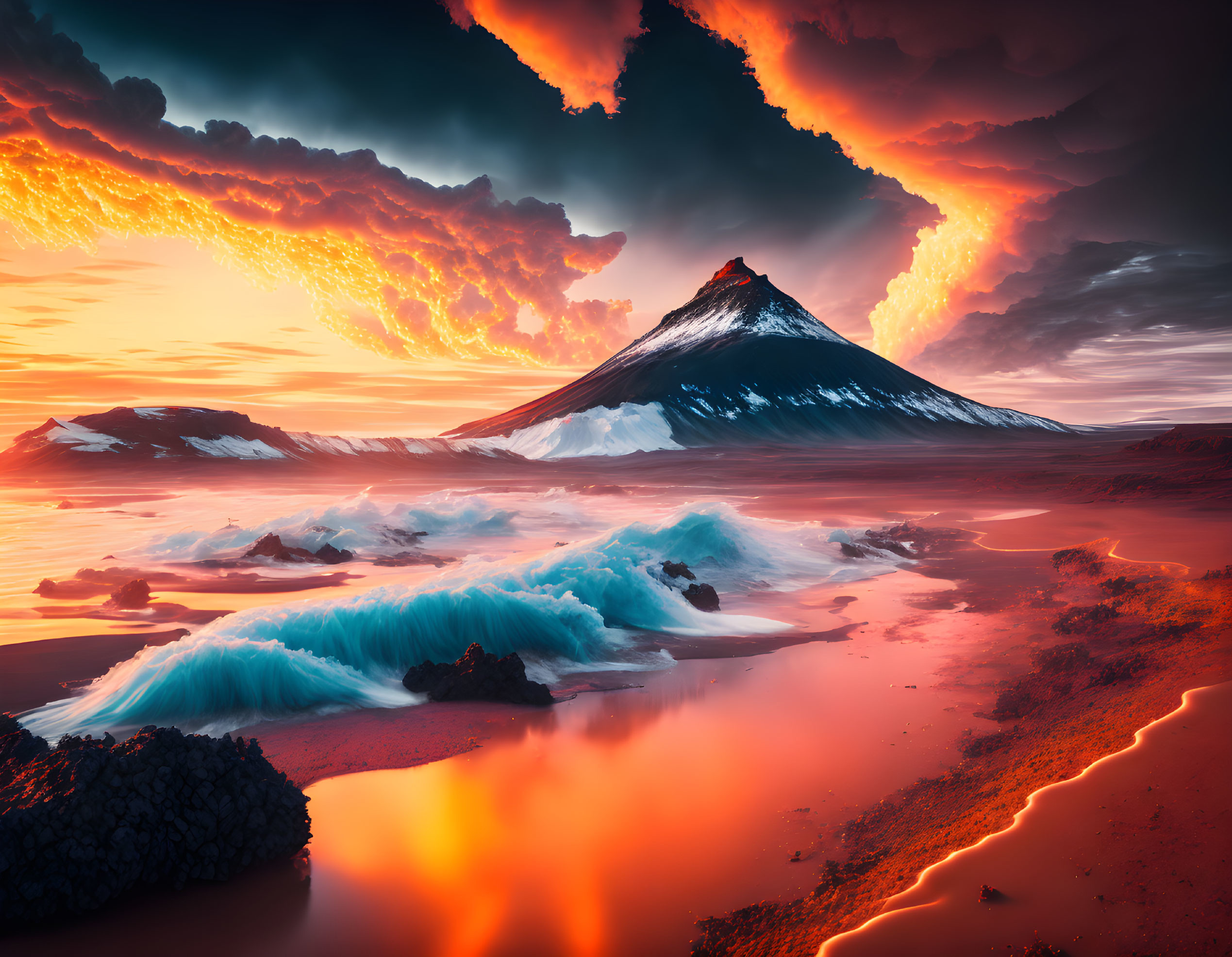 Fiery sky over snowy mountain with volcanic activity and tumultuous ocean