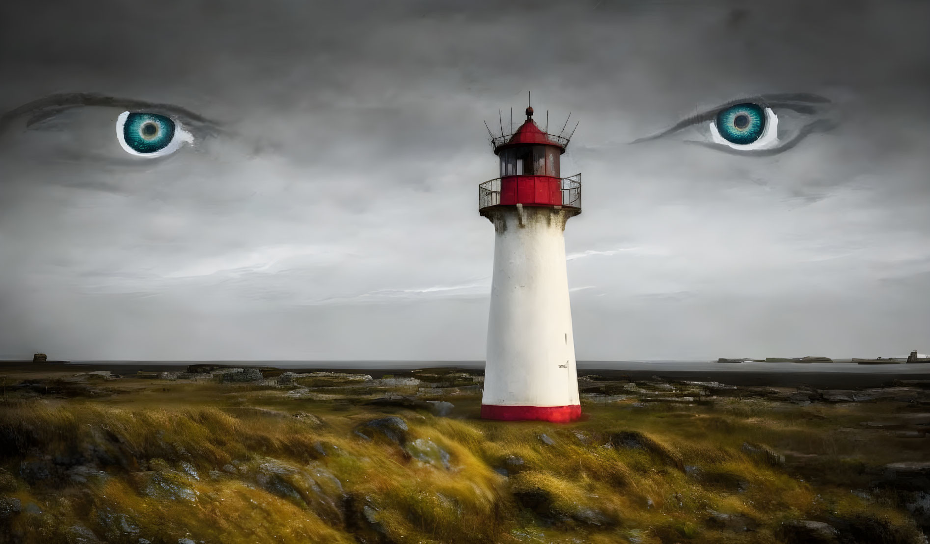 Surreal landscape featuring lighthouse, stormy sky, ethereal eyes, rocky terrain