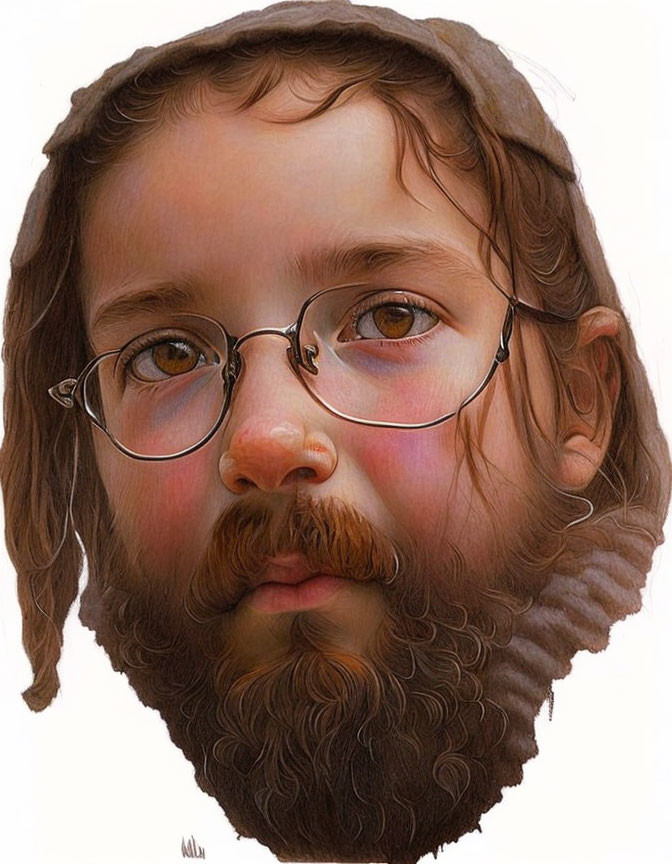 Detailed Hyperrealistic Portrait of Man with Round Glasses, Curly Hair, Beard