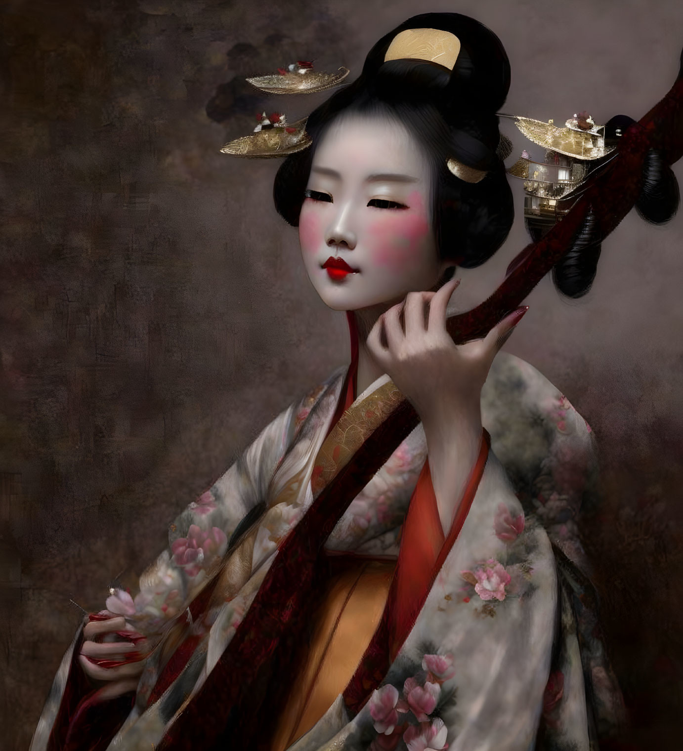 Stylized portrait of a woman in traditional Japanese attire