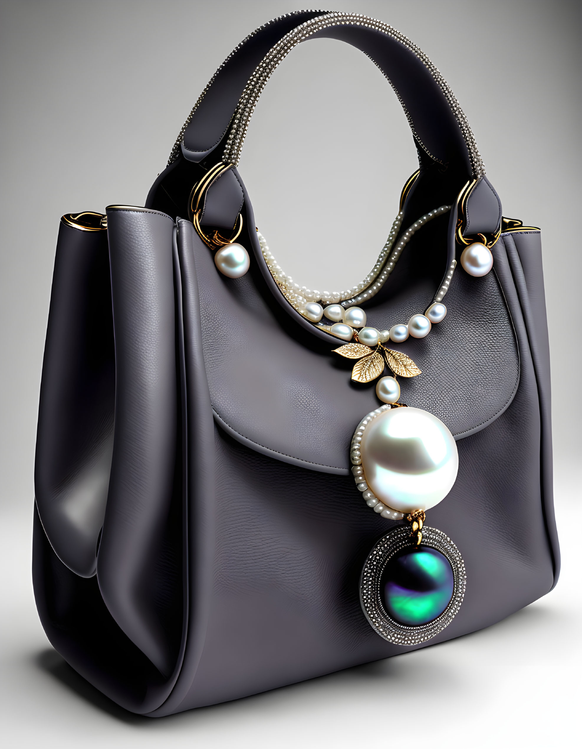 Black Leather Handbag with Pearl Pendant & Gold Details