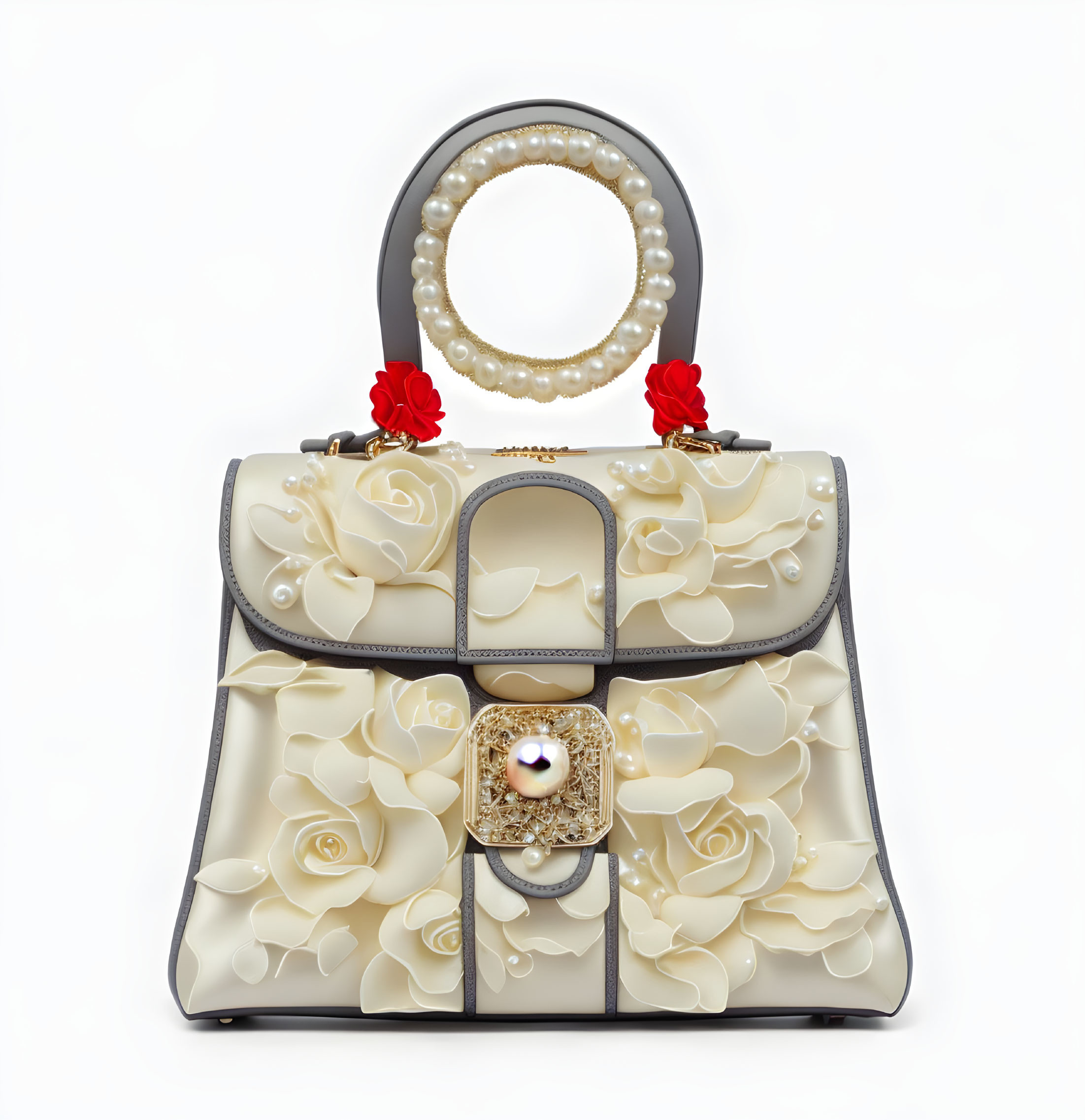 Pearl-handled handbag with floral motifs and red accents on white background