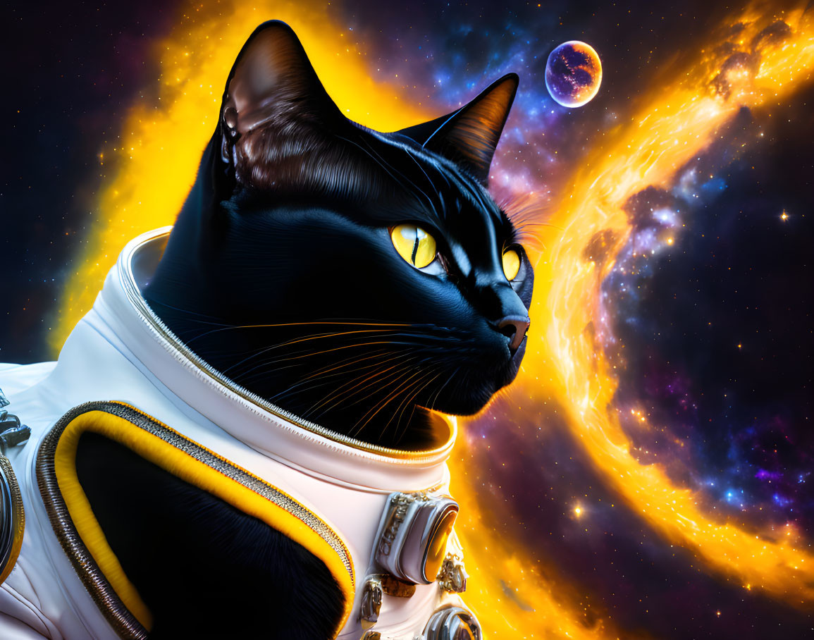 Black Cat in White Spacesuit Surrounded by Cosmic Scene