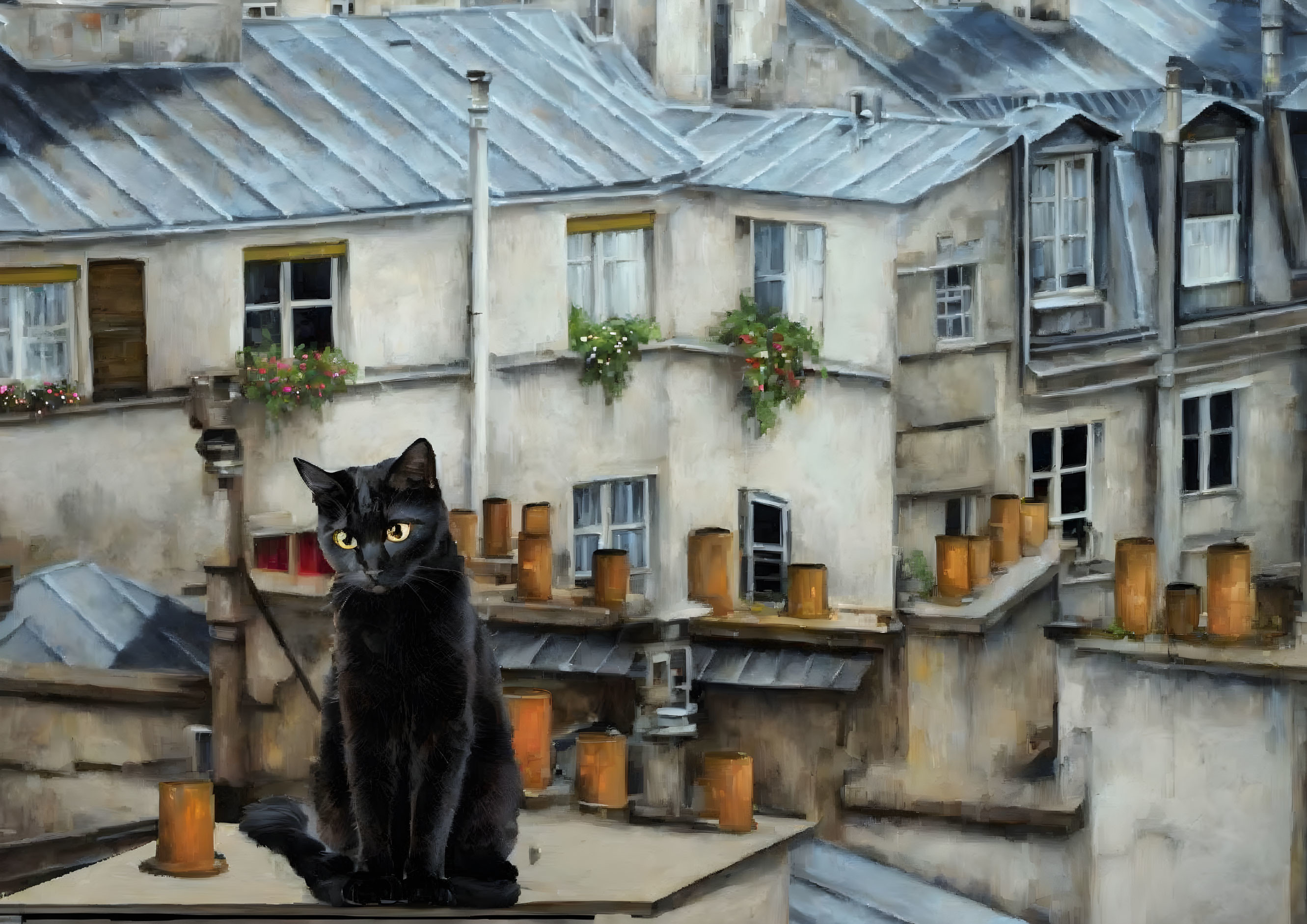 Black Cat on Building with Gray Rooftops and Red Flowers in Windows