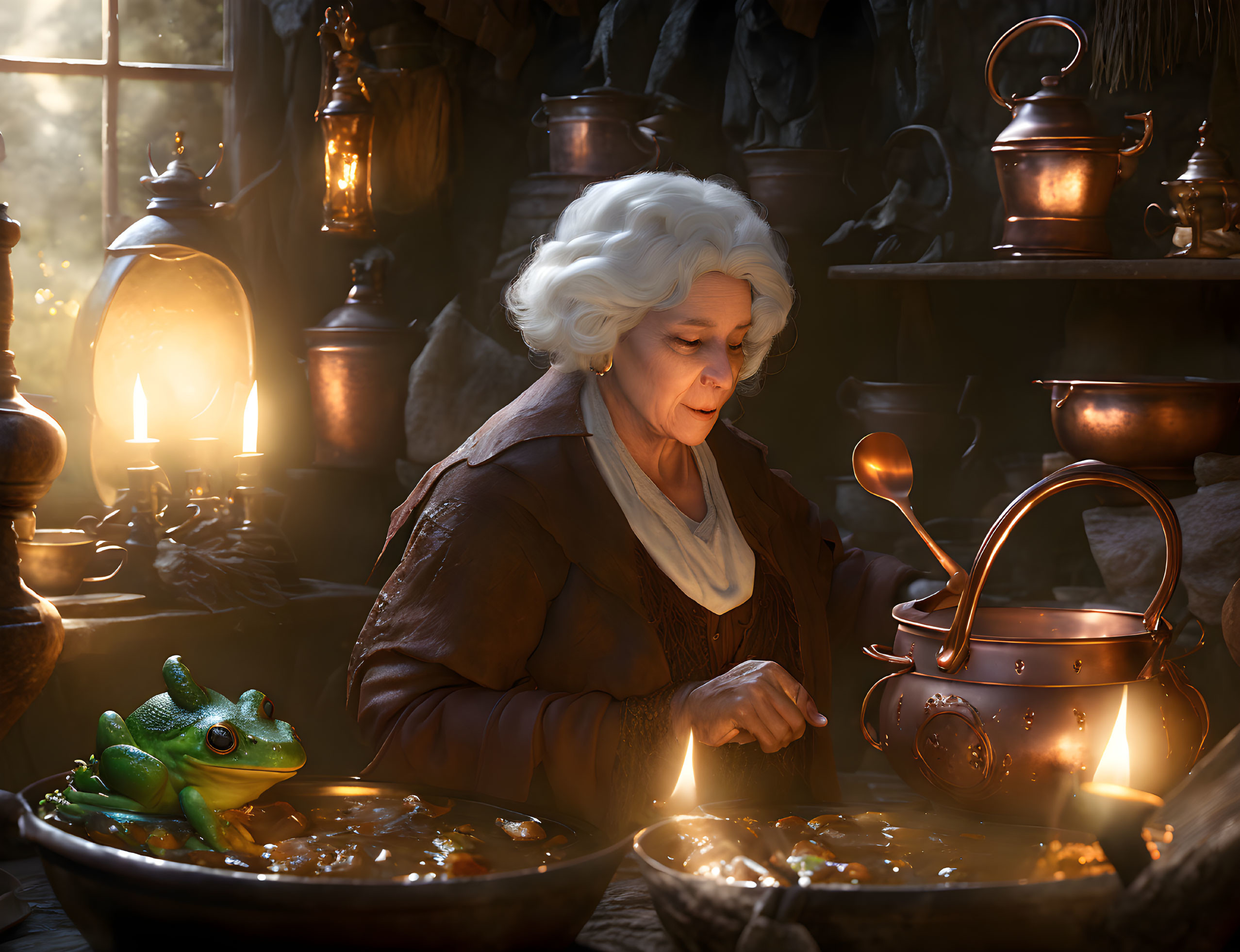 Elderly woman tasting food in cozy rustic kitchen with frog & lanterns