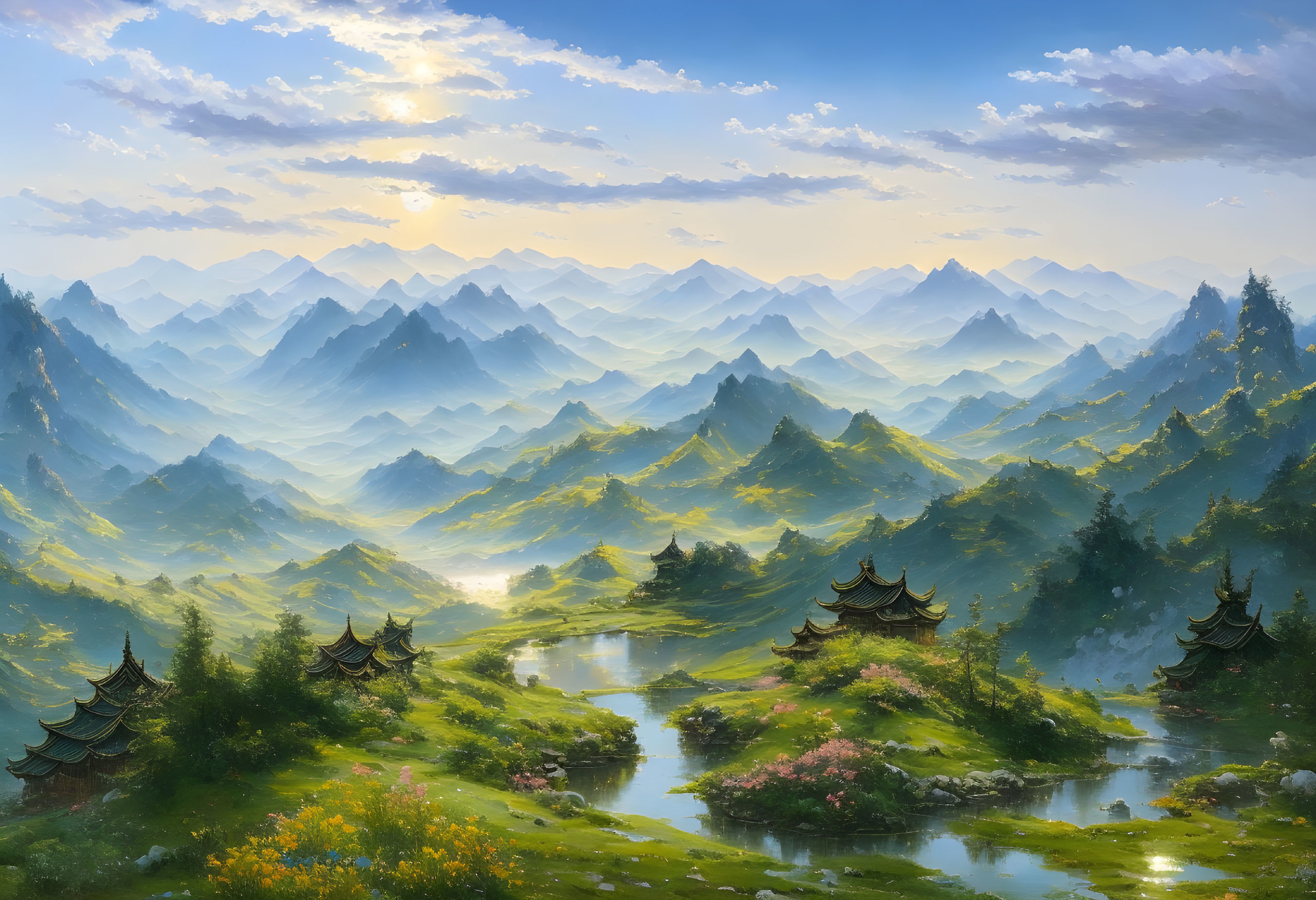 Layered Mountain Ranges, Pagodas, and River in Serene Landscape