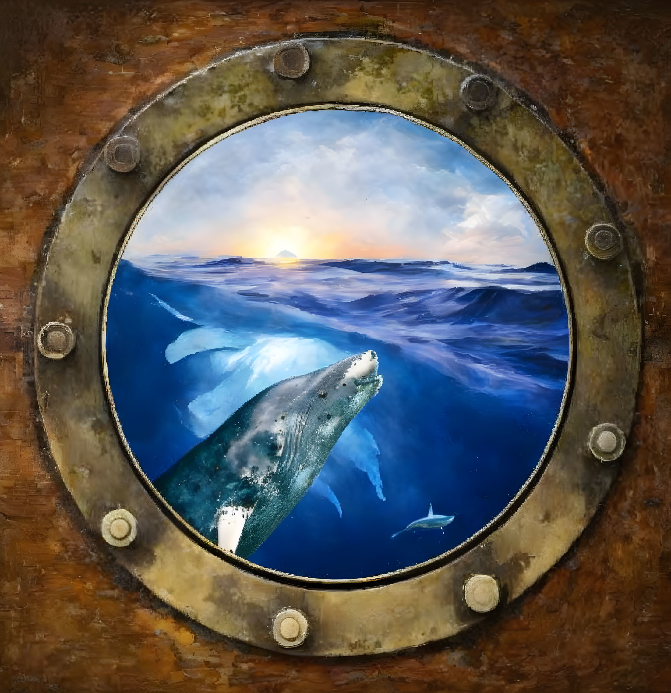 Ocean Sunset Scene with Whale and Fish in Porthole Frame