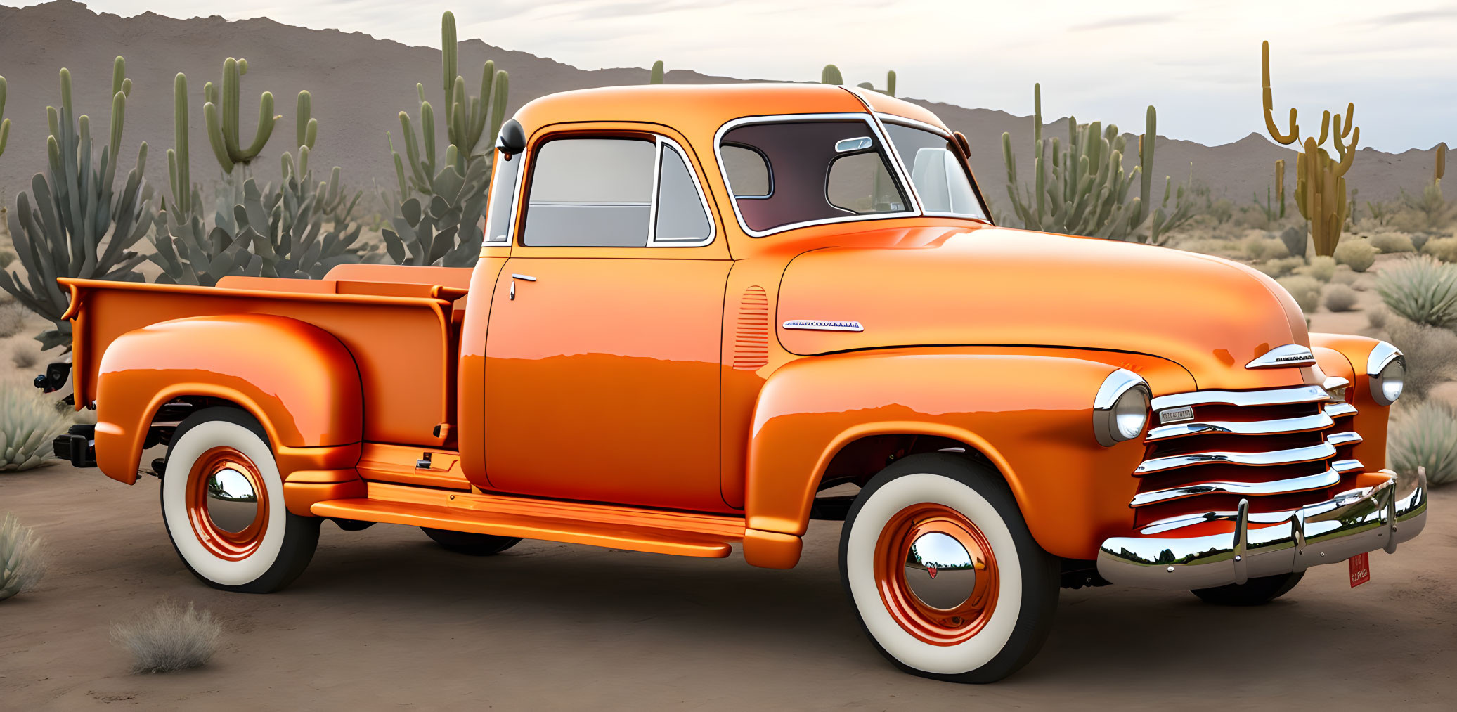 Vintage Orange Pickup Truck in Desert Landscape with Cacti and Rocky Terrain