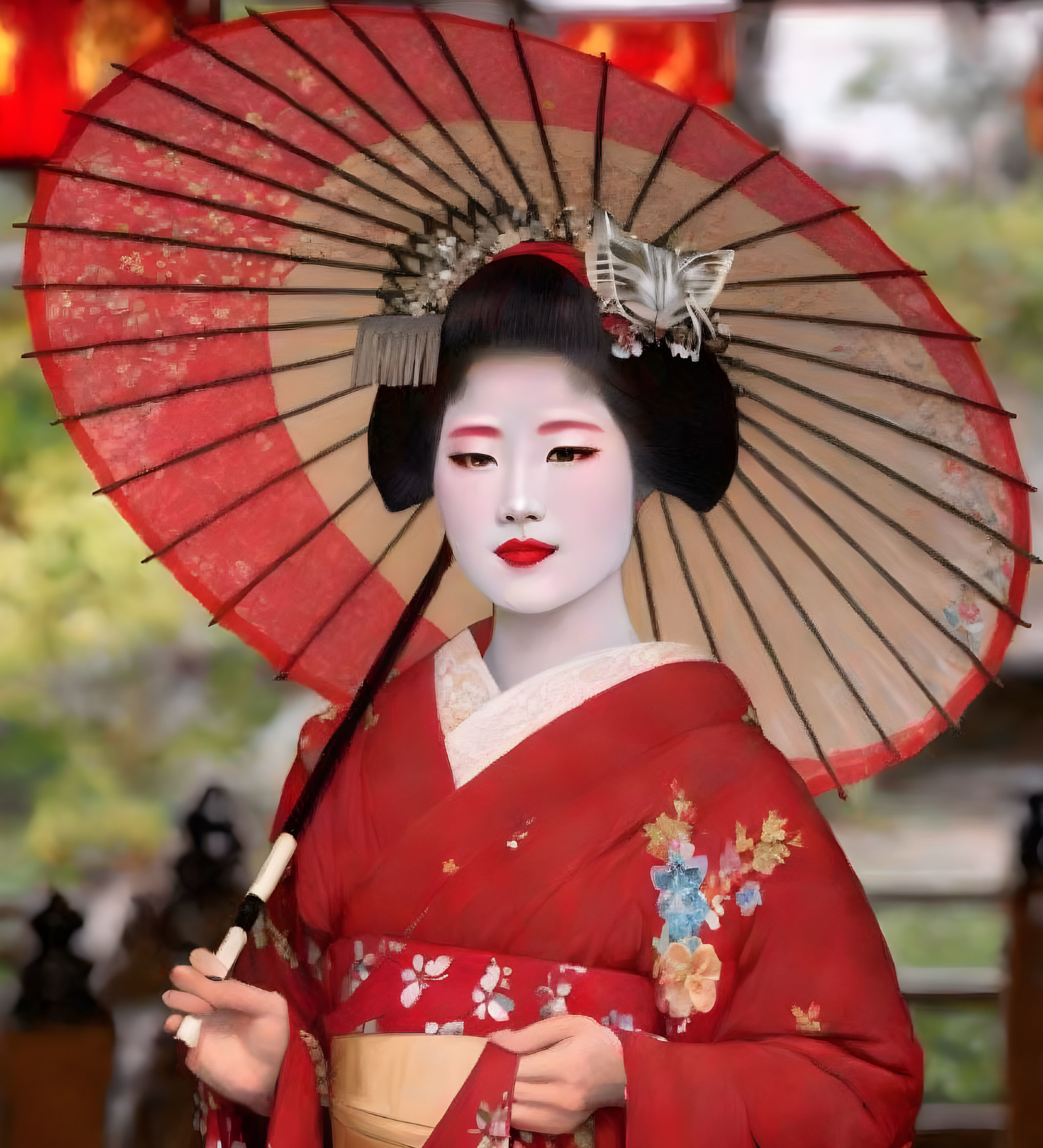 Person in Japanese attire with intricate hairstyle holding red umbrella