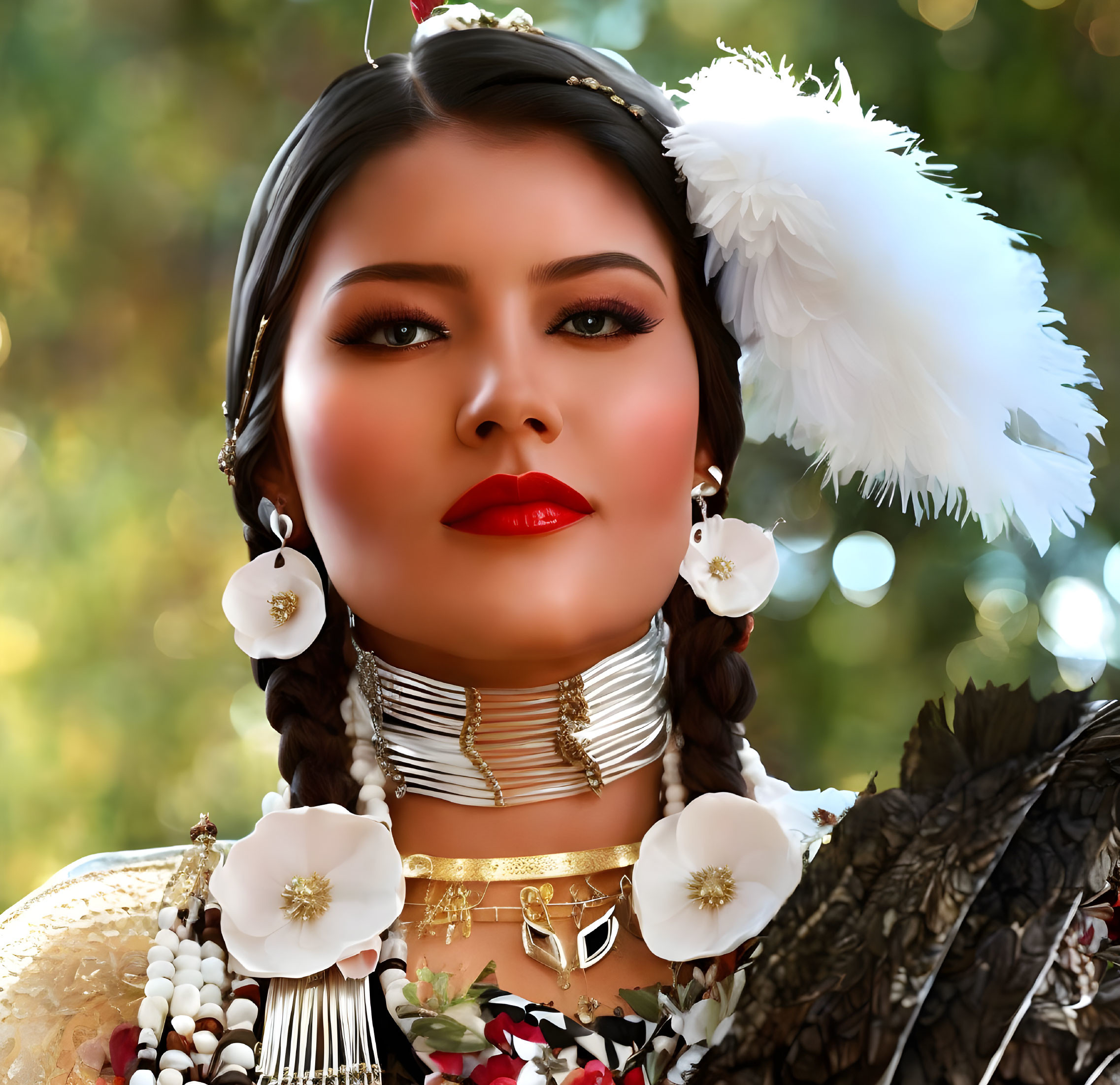 Traditional jewelry-clad woman with feathered headdress in natural setting