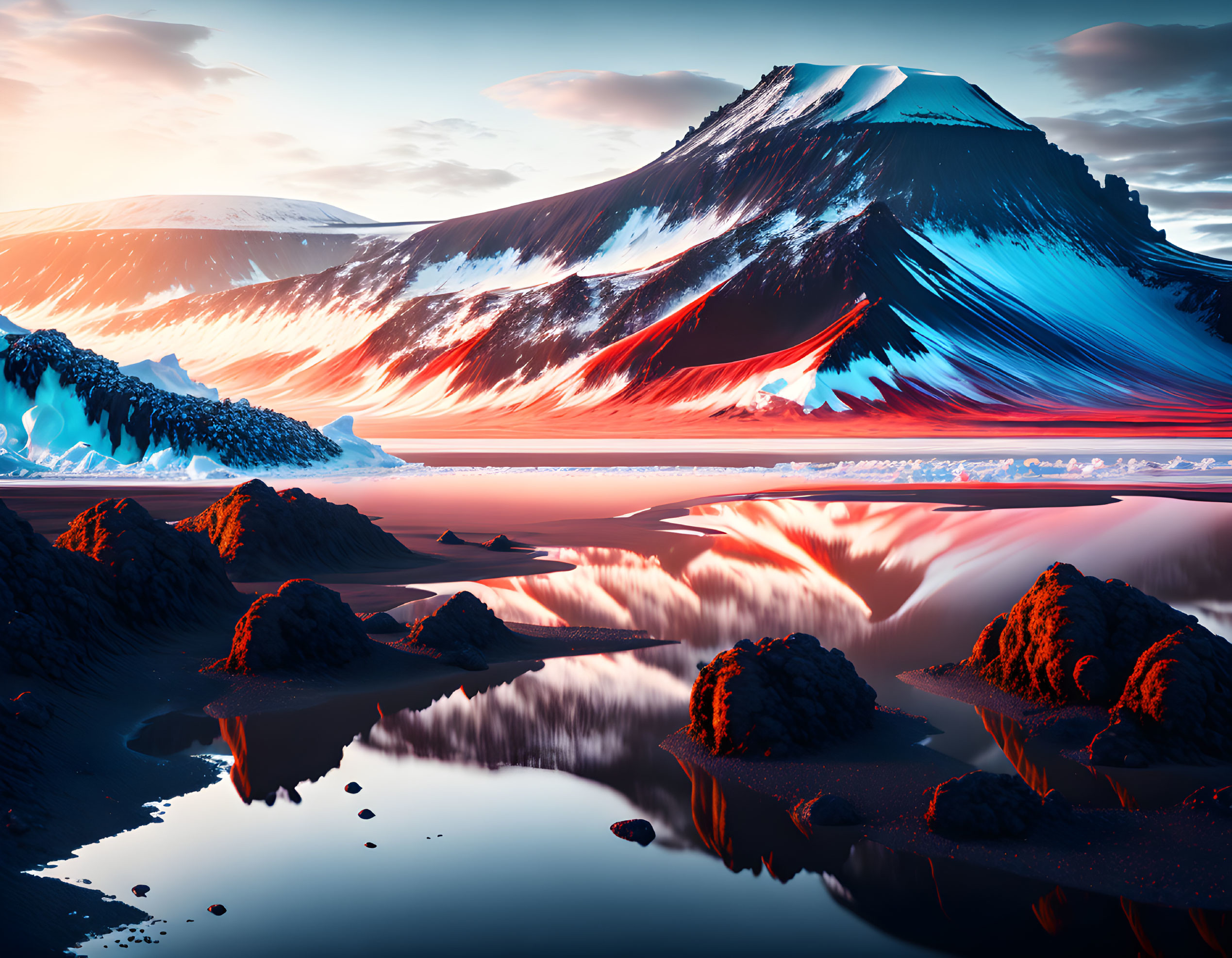 Vibrant blue and pink surreal landscape with lake, mountains, and sunset