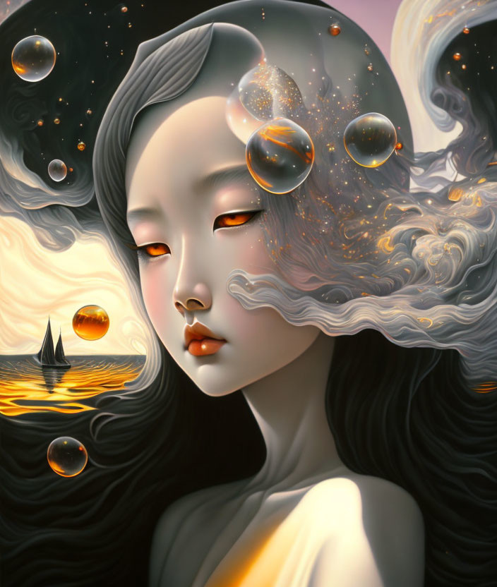 Surreal portrait of a woman with flowing hair and planetary orbs on a seascape backdrop