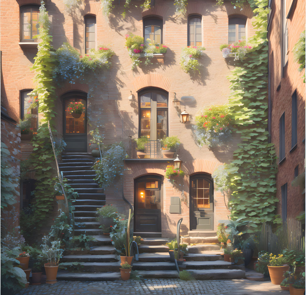 Brick alley with ivy, plants, and flowers in warm sunlight