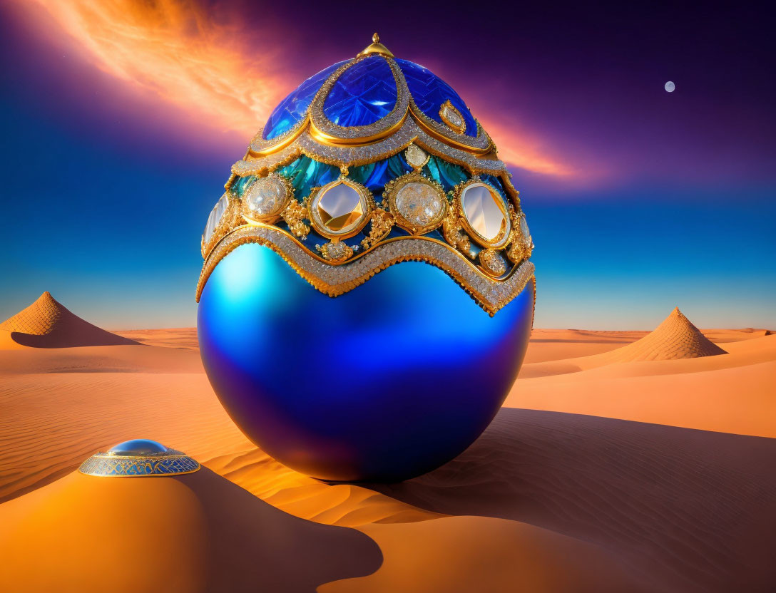 Fabergé egg in desert twilight with crescent moon